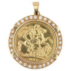 French Diamonds Surround 18 Karat Yellow Gold Barbade Coin Pendant