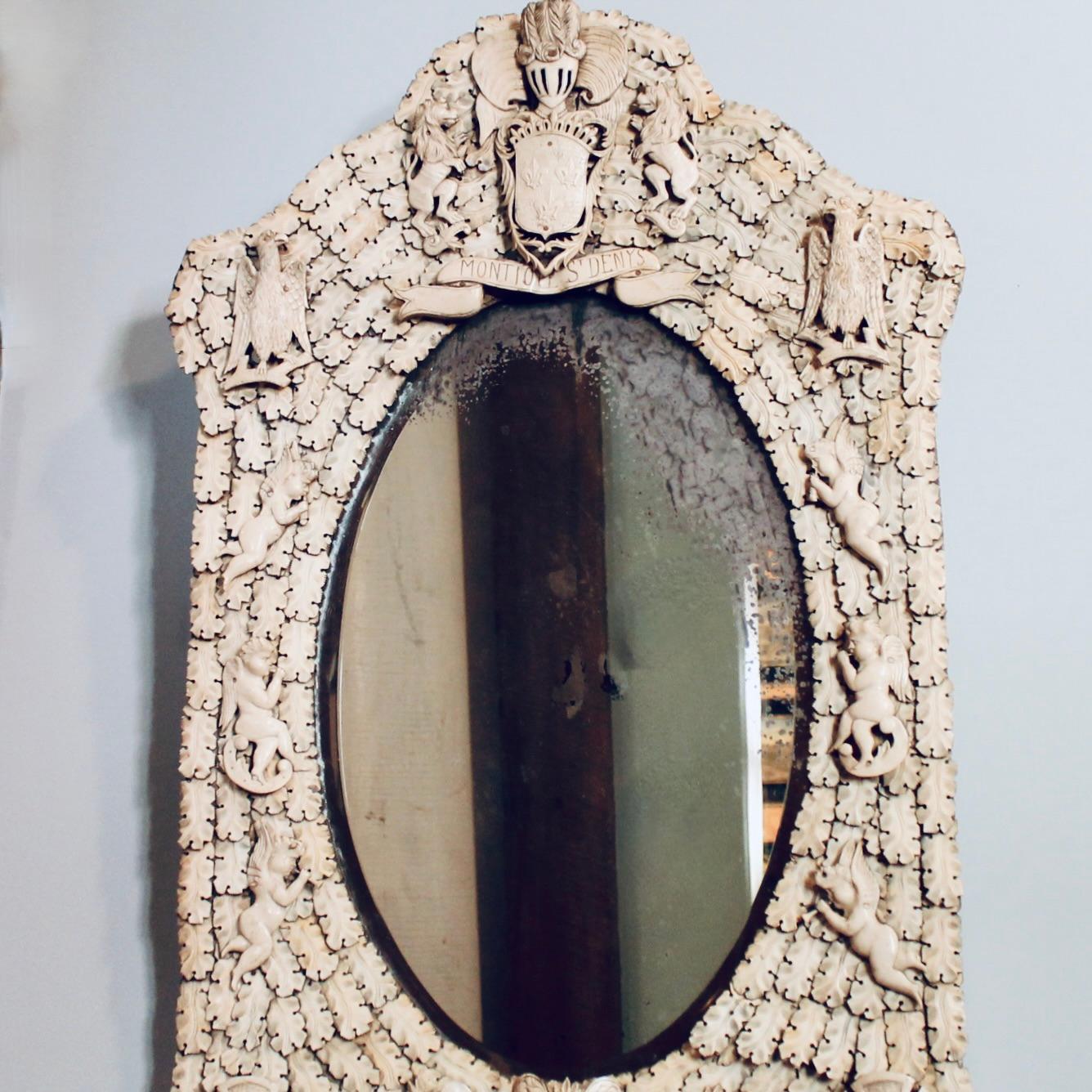 Baroque French Dieppe Carved Cartouche Mirror, Mid 19th Century For Sale