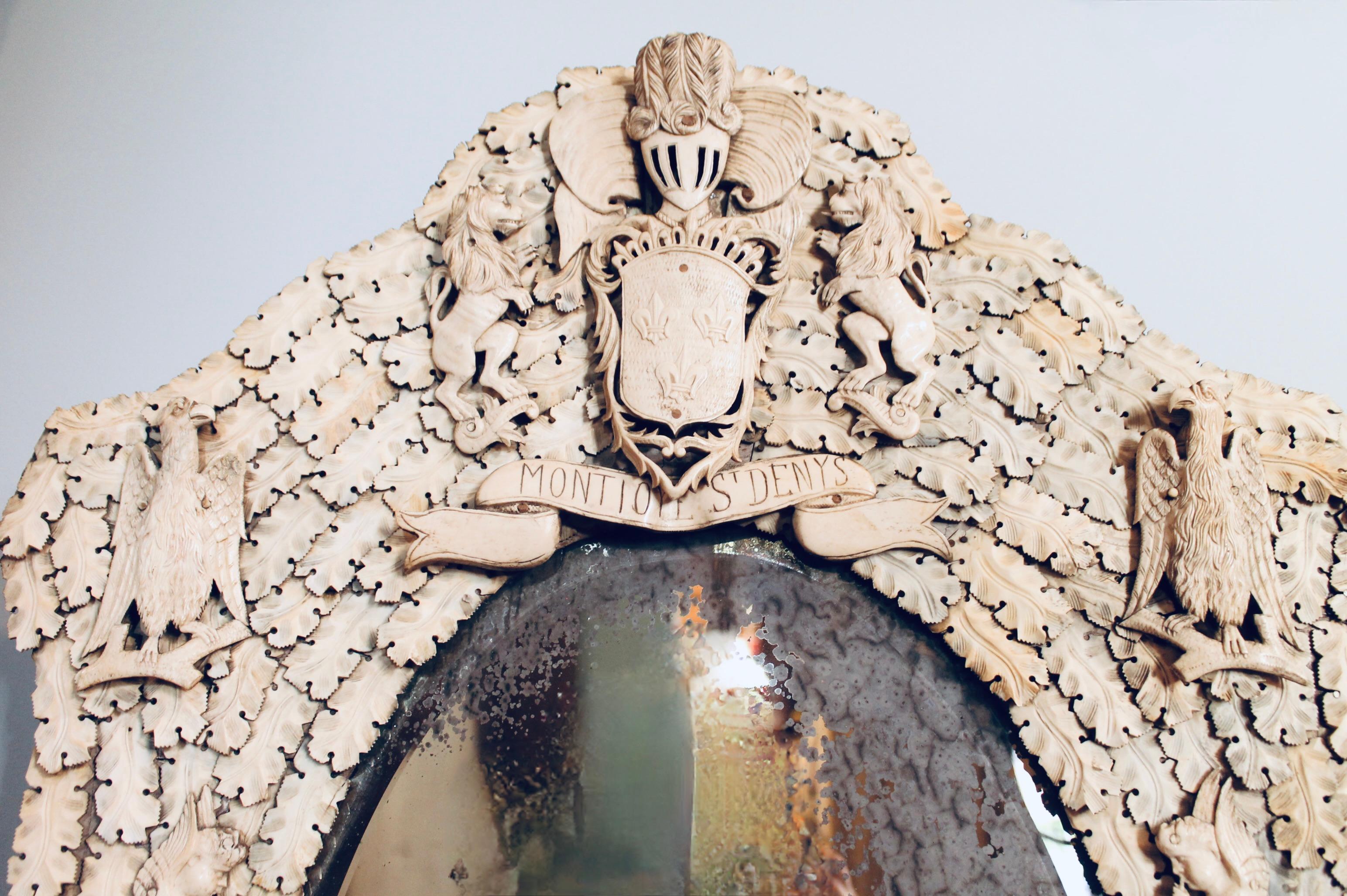 Bone French Dieppe Carved Cartouche Mirror, Mid 19th Century