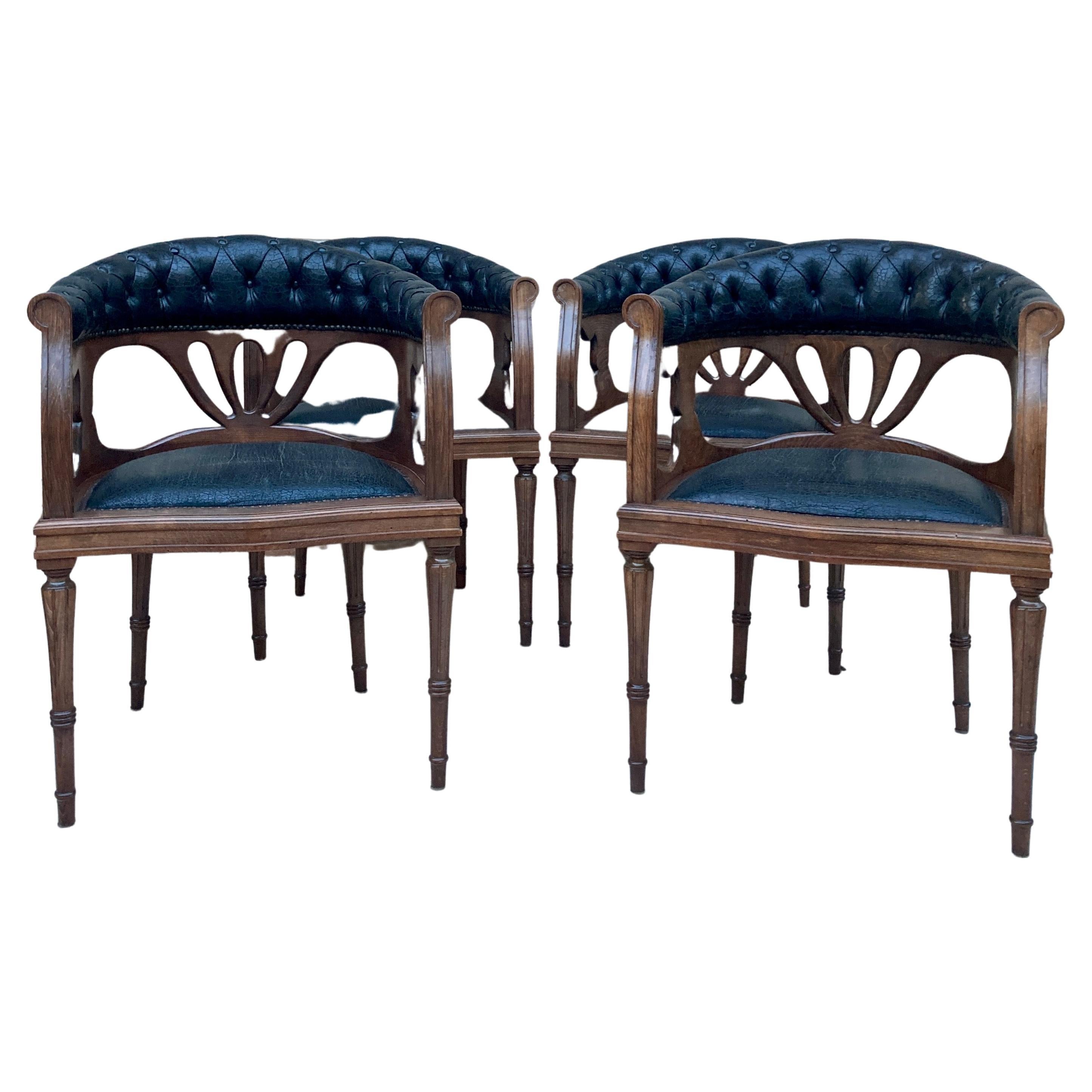 French Dining Armchairs In Leather And Walnut, 1950s, Set Of 4 For Sale