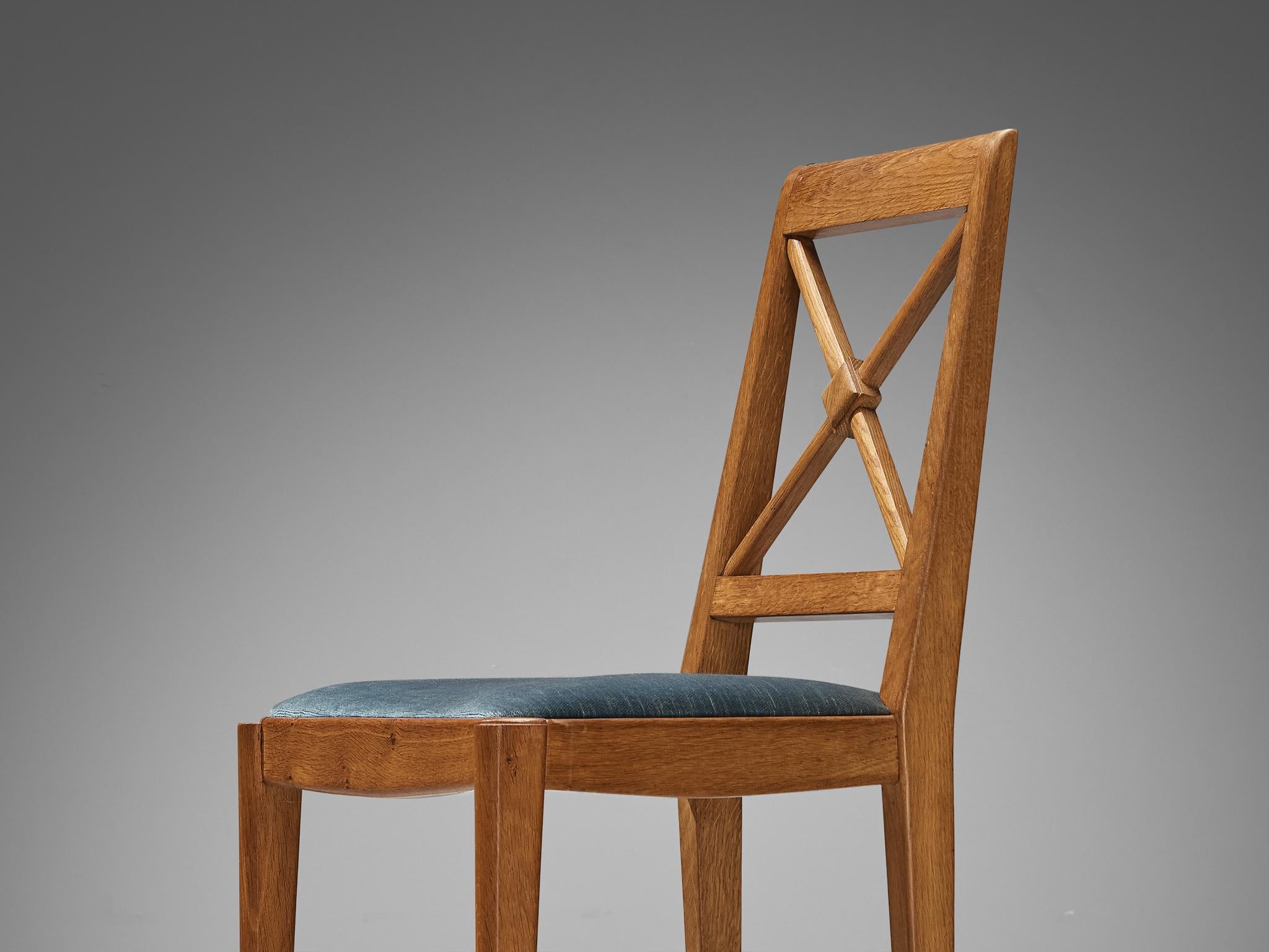 Mid-20th Century French Dining Chair in Oak and Blue Velvet For Sale