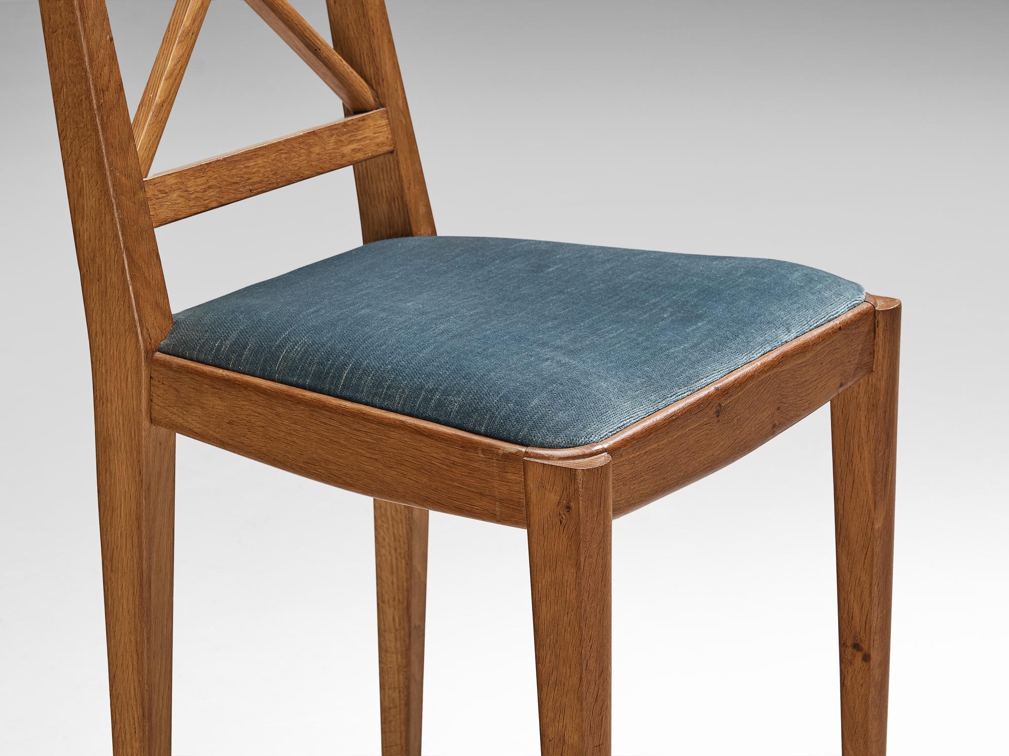 French Dining Chair in Oak and Blue Velvet For Sale 1