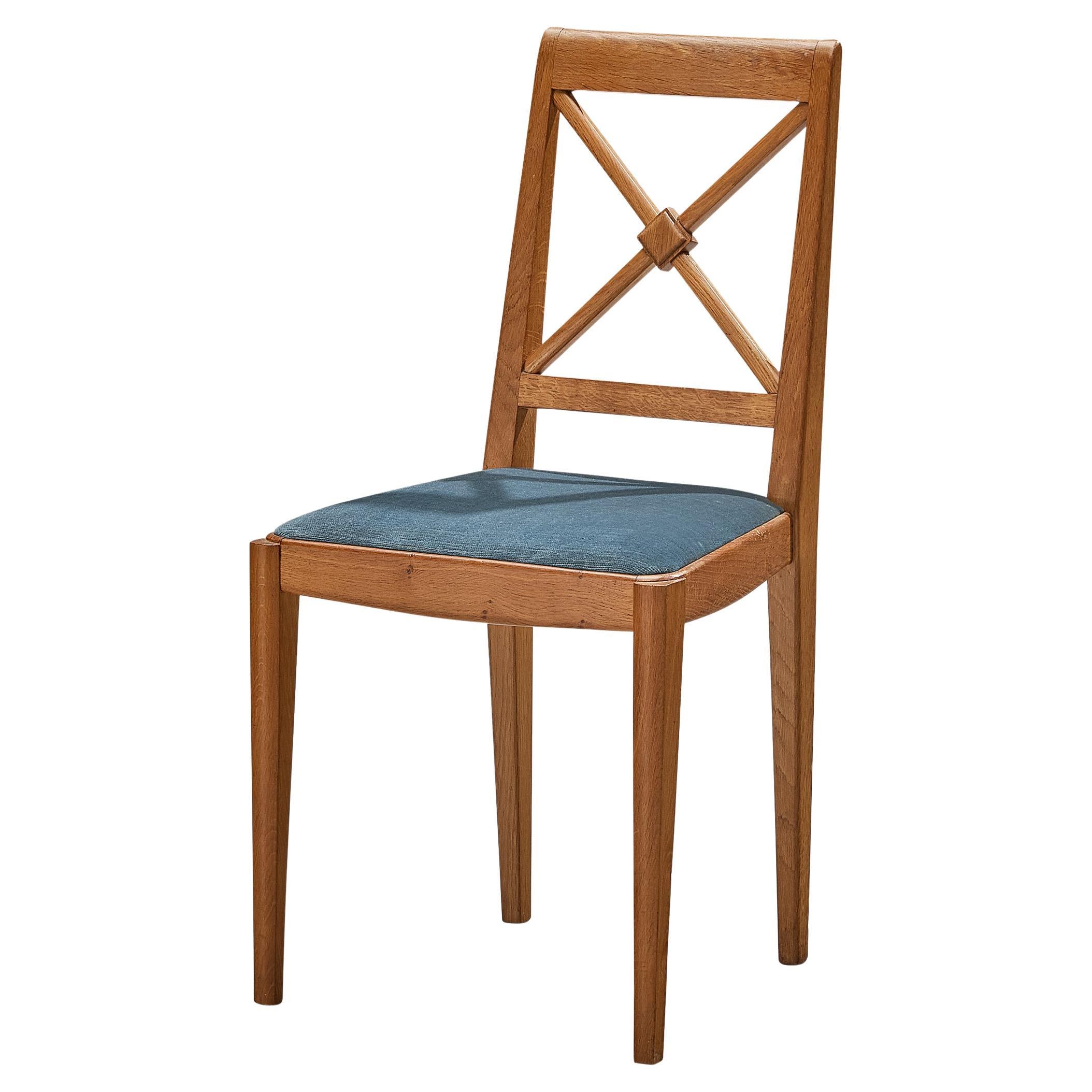 French Dining Chair in Oak and Blue Velvet