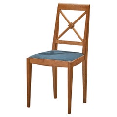 Vintage French Dining Chair in Oak and Blue Velvet