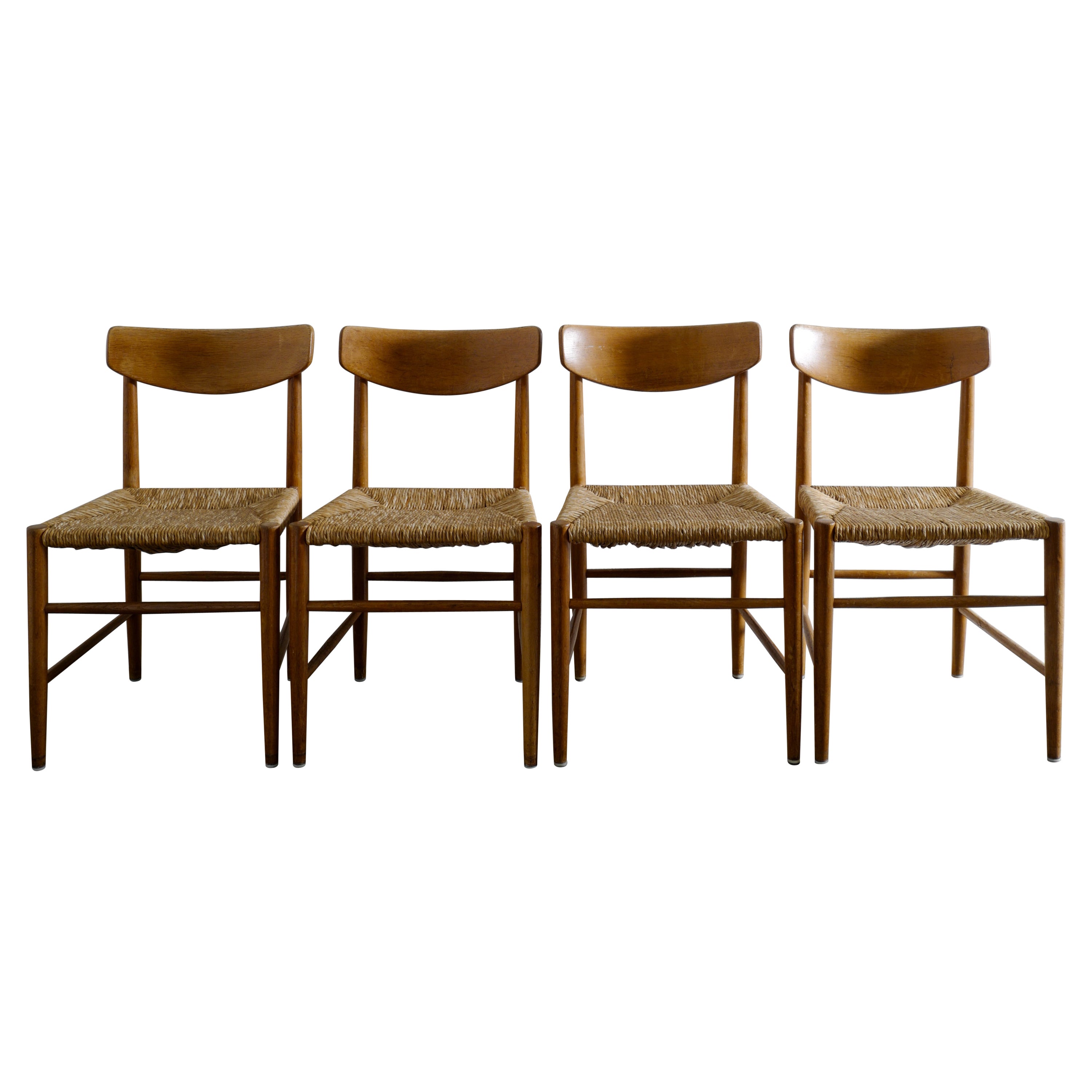 French Dining Chairs in Oak and Rattan in Style of Charlotte Perriand, 1950s