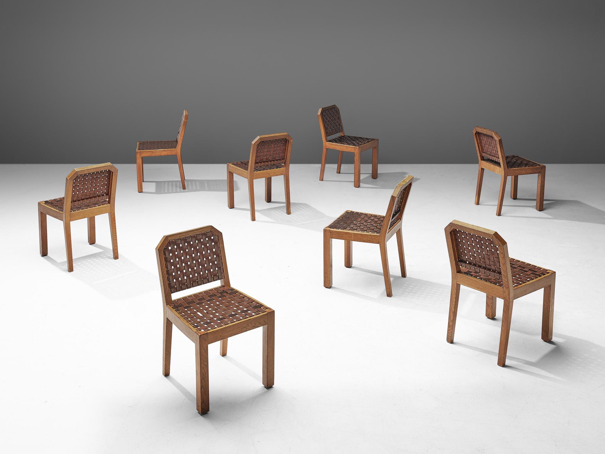 Mid-Century Modern French Set of Eight Dining Chairs in Oak and Woven Leather
