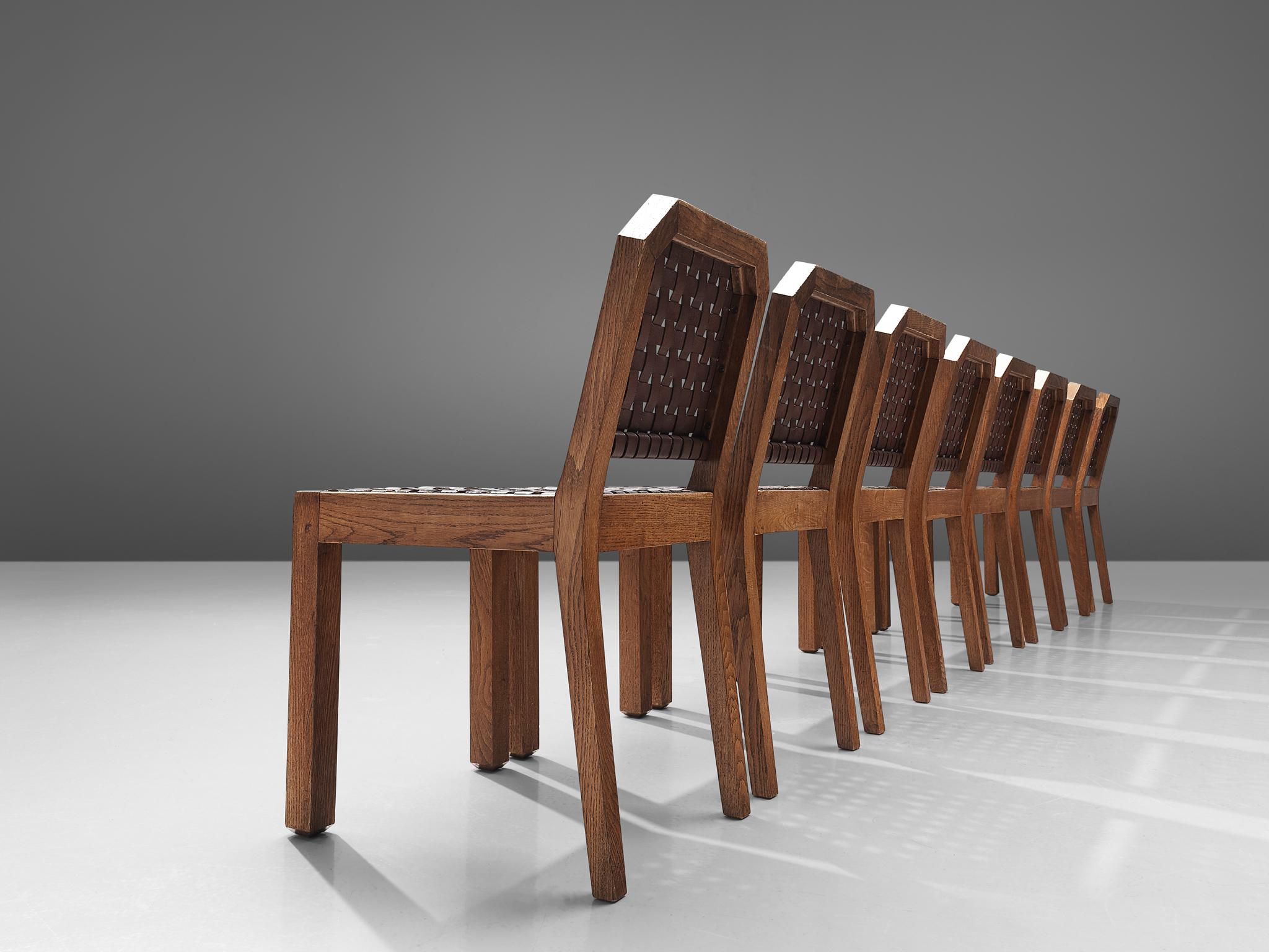 French Set of Eight Dining Chairs in Oak and Woven Leather In Good Condition In Waalwijk, NL