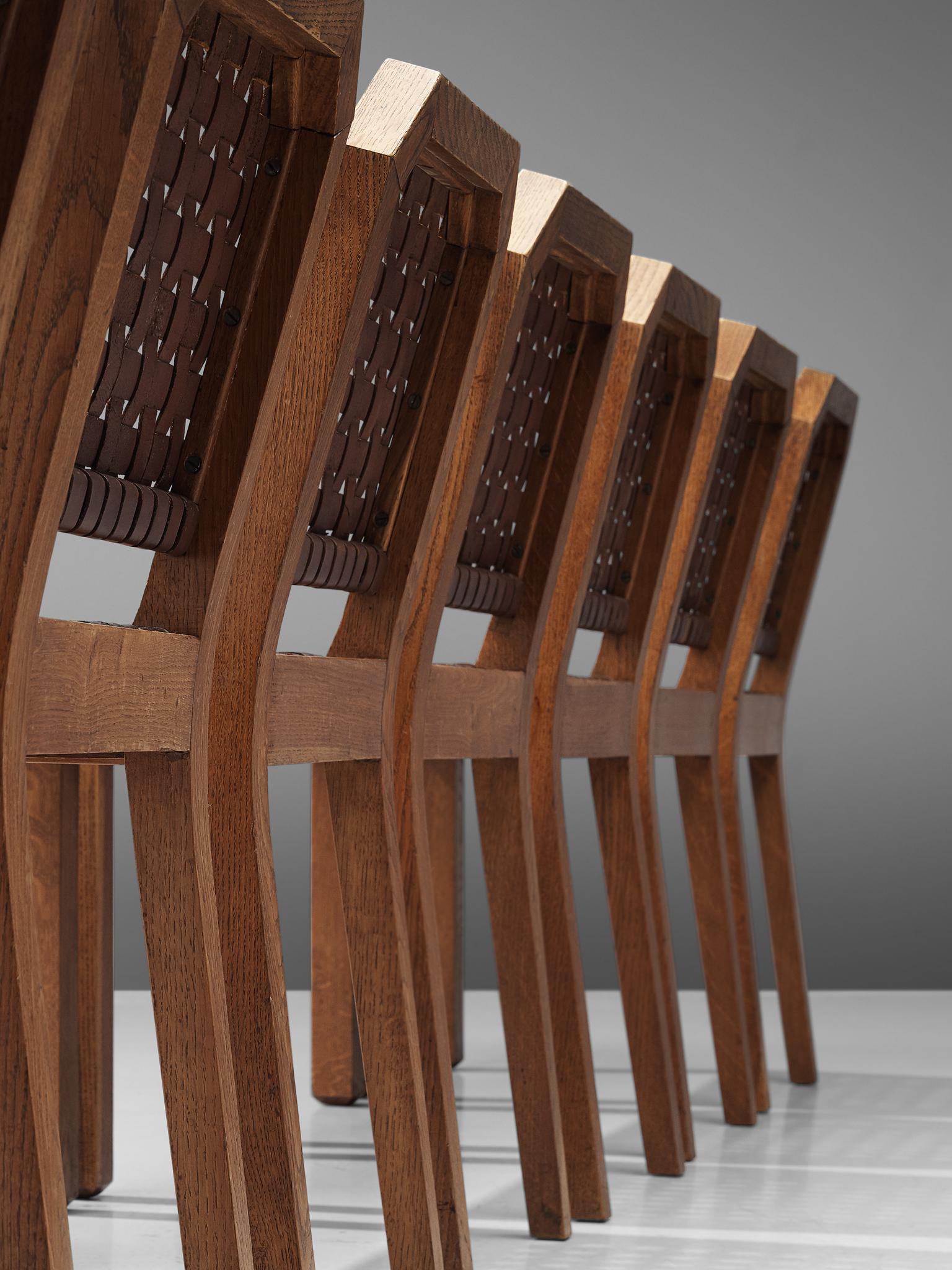 Mid-20th Century French Set of Eight Dining Chairs in Oak and Woven Leather