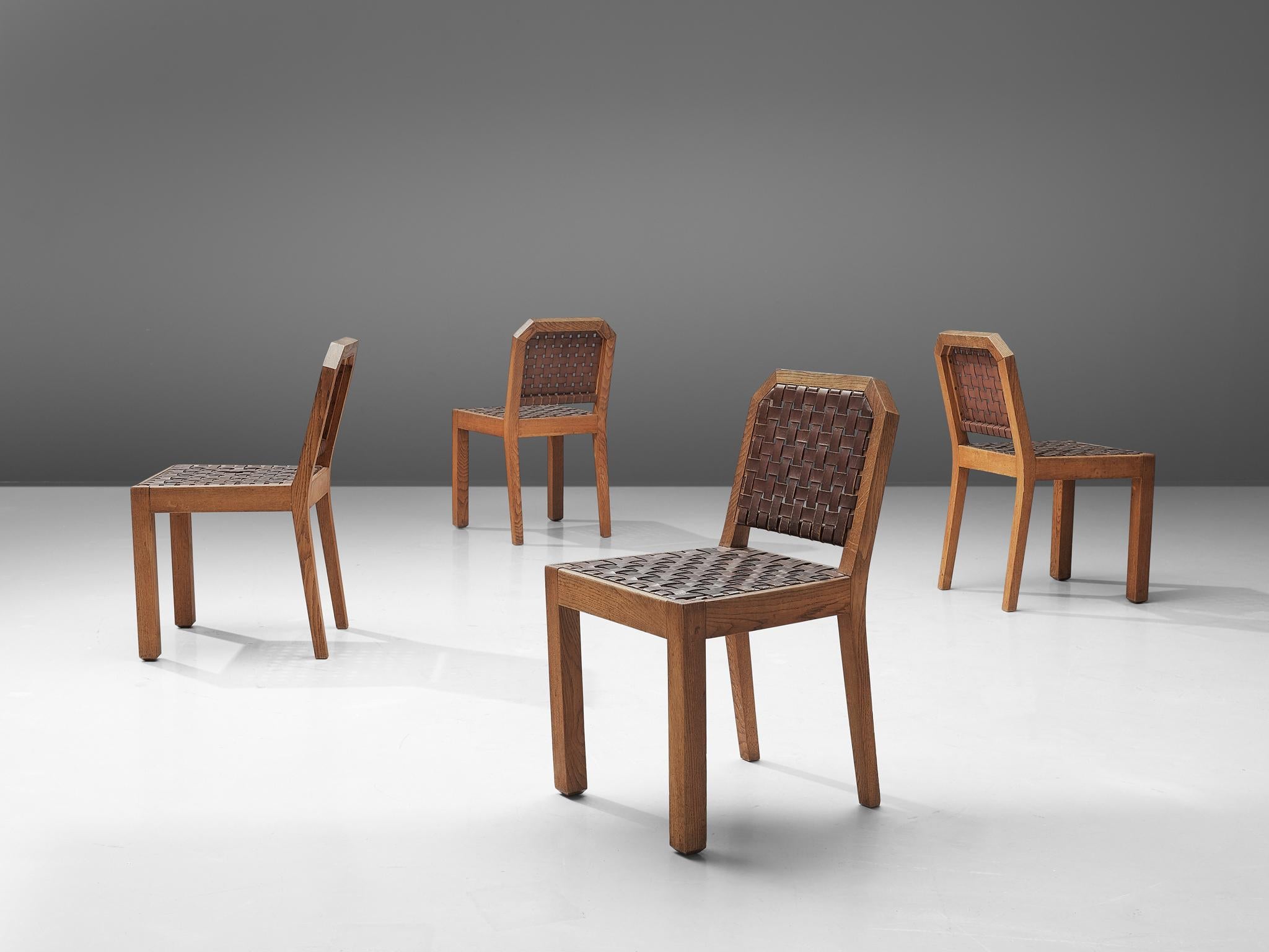 French Set of Eight Dining Chairs in Oak and Woven Leather 1