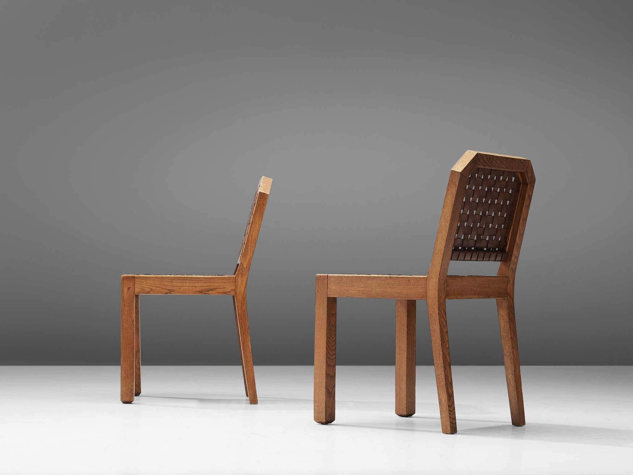 French Set of Eight Dining Chairs in Oak and Woven Leather 2