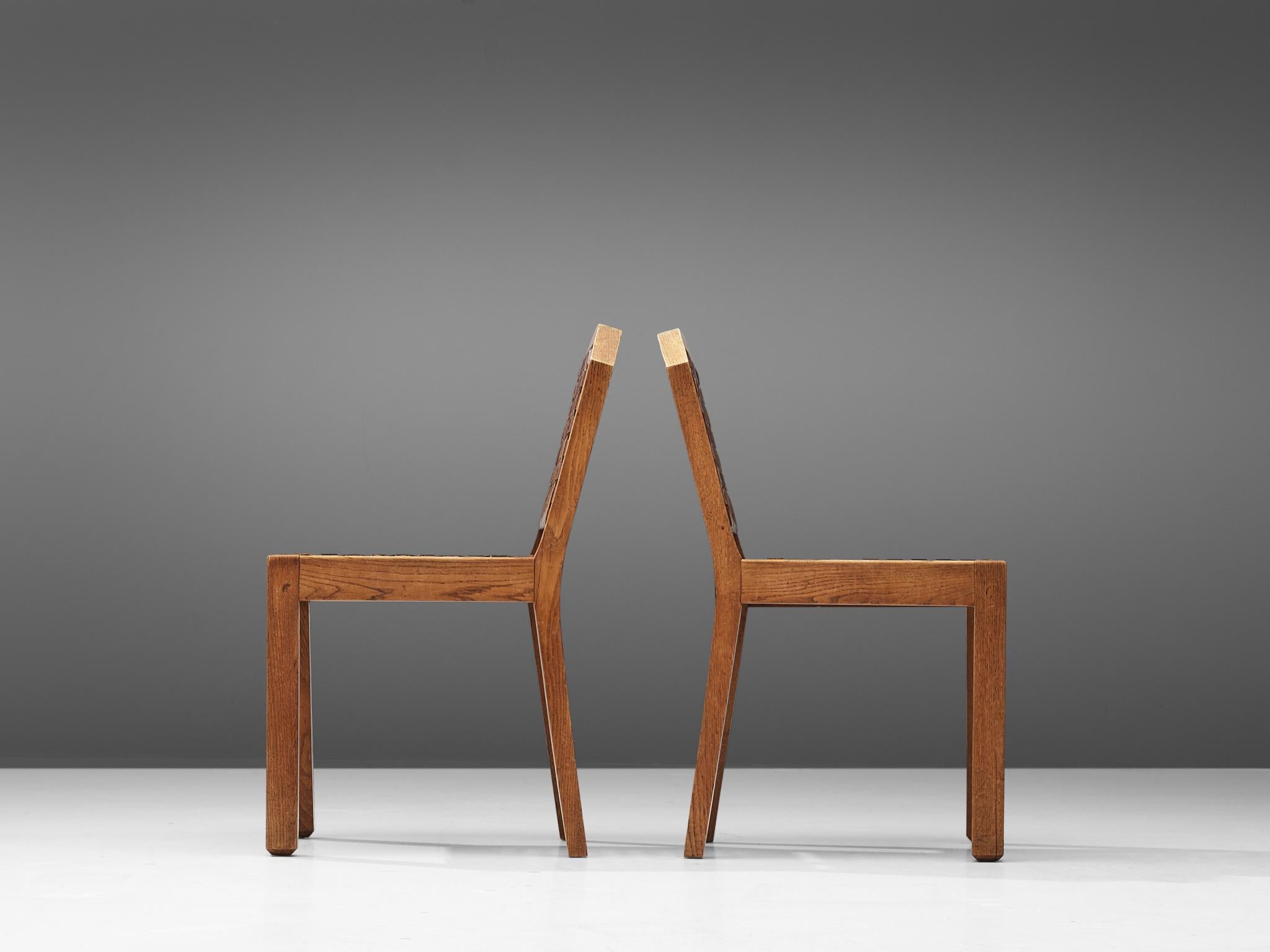 French Set of Eight Dining Chairs in Oak and Woven Leather 3
