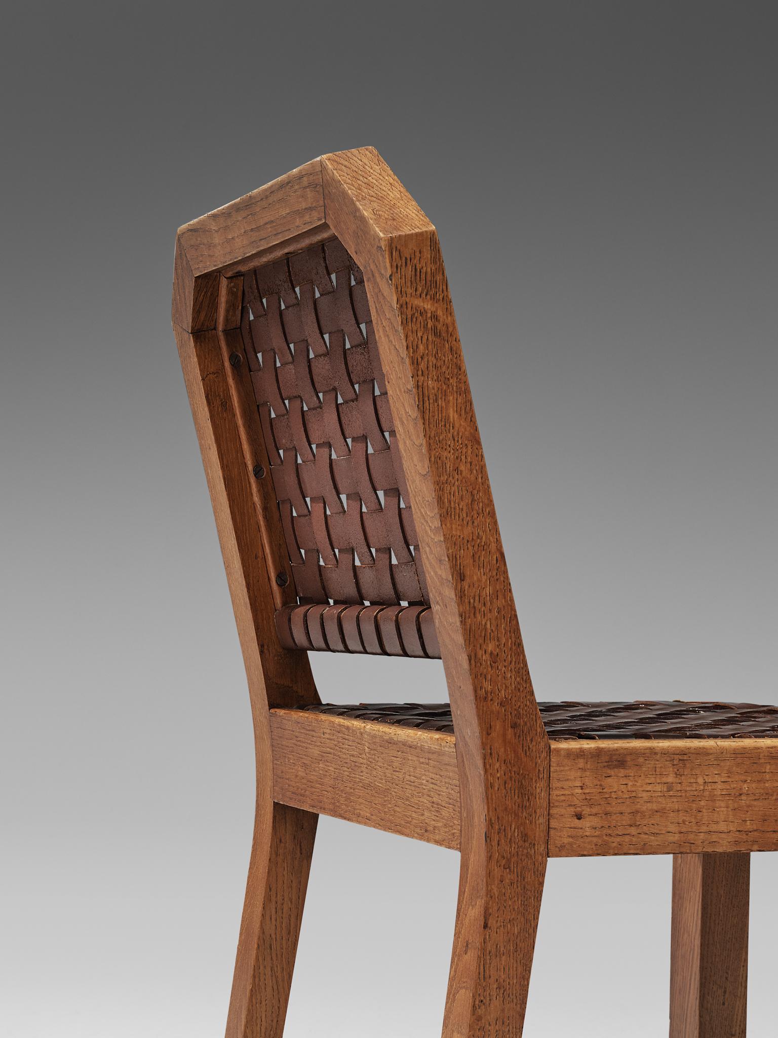 French Set of Eight Dining Chairs in Oak and Woven Leather 4
