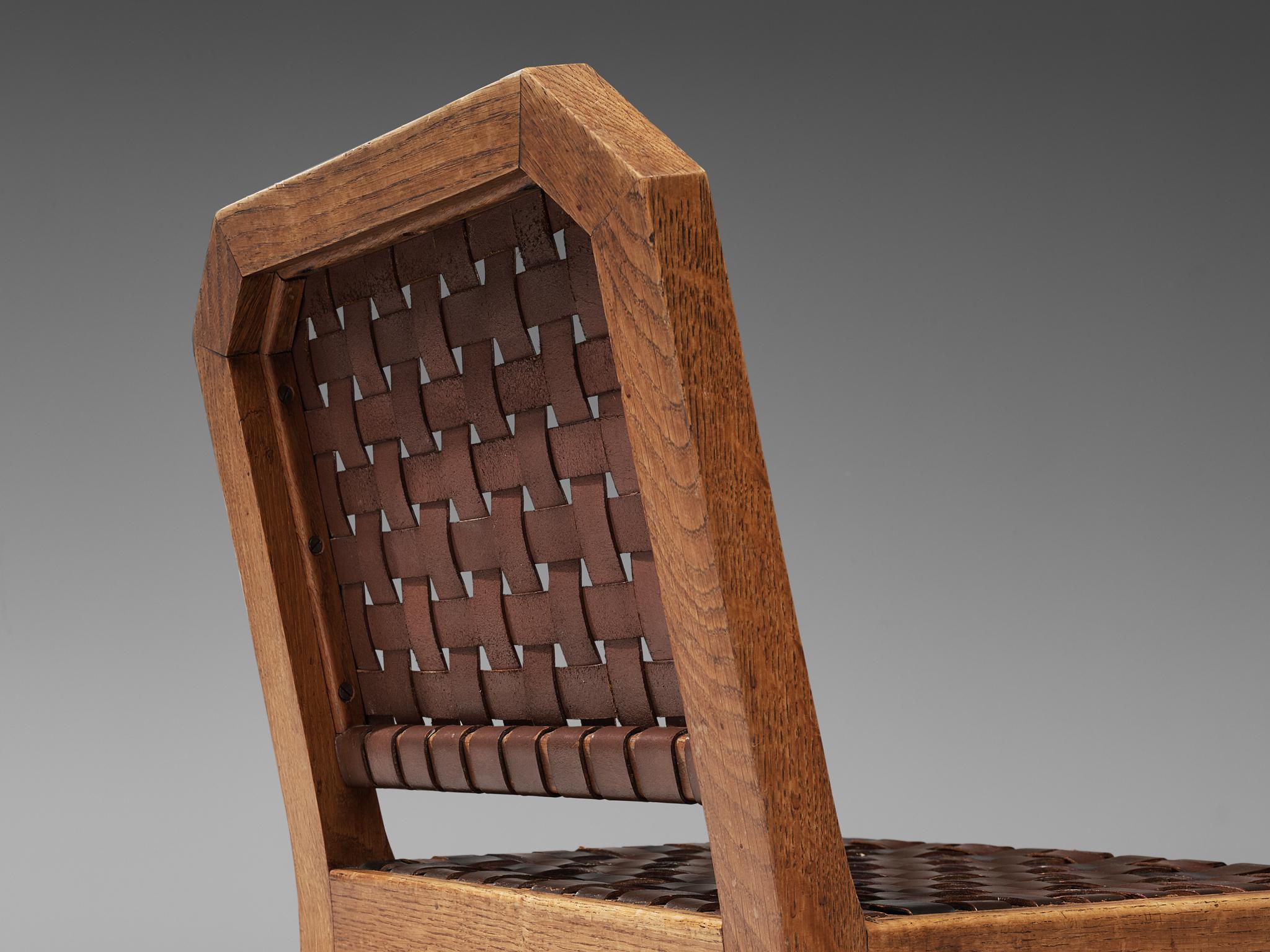 French Set of Eight Dining Chairs in Oak and Woven Leather 5