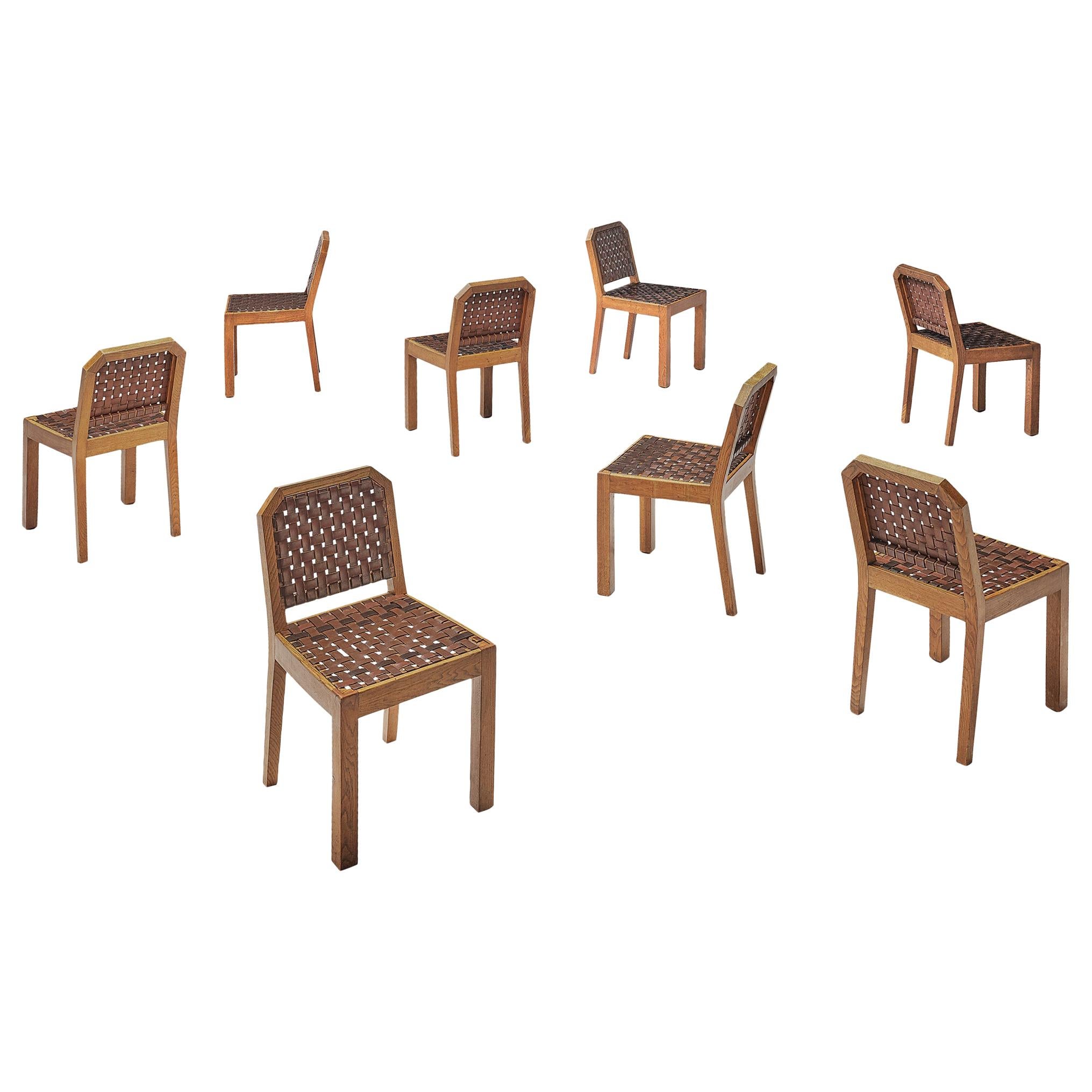 French Set of Eight Dining Chairs in Oak and Woven Leather