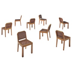 French Set of Eight Dining Chairs in Oak and Woven Leather