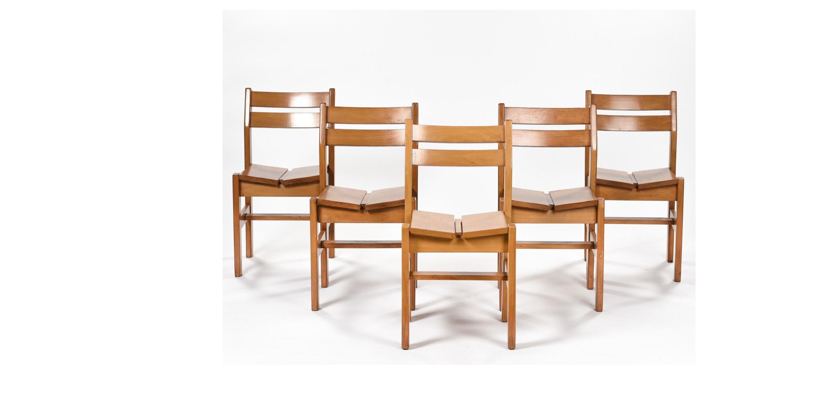 Mid-20th Century French Dining Chairs in Solid Elm in style of Charlotte Perriand Produced, 1960s