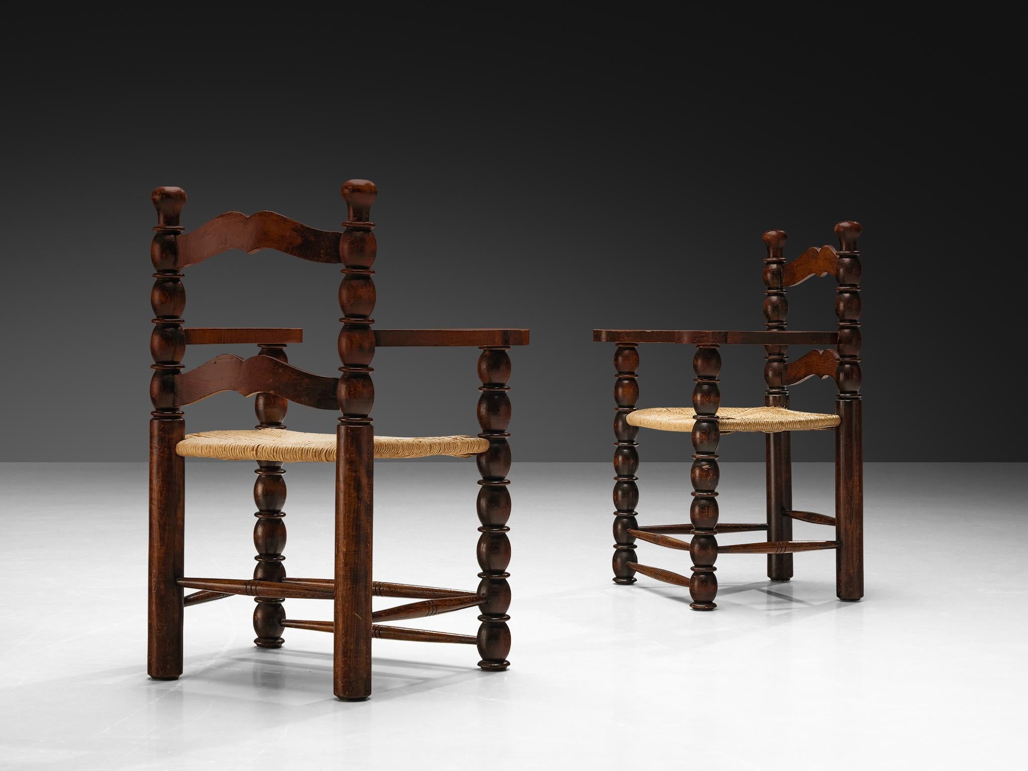 Mid-Century Modern French Dining Chairs in Stained Wood and Straw For Sale