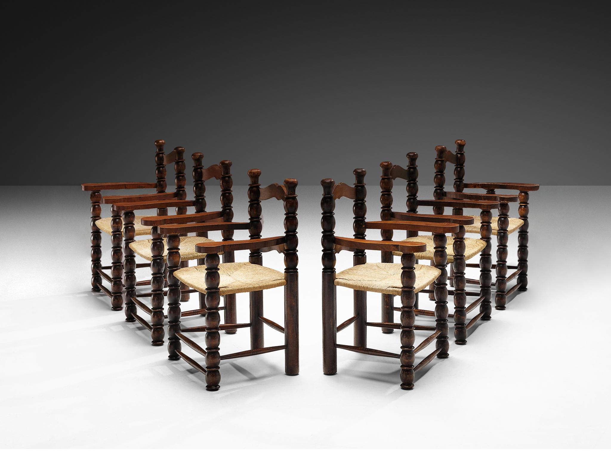 Mid-20th Century French Dining Chairs in Stained Wood and Straw For Sale