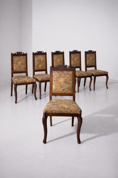 French Dining Chairs, Set of Six with Original Upholstery and Carved Walnut Leg