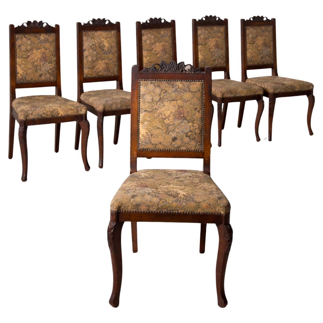 French Dining Chairs, Set of Six with Original Upholstery and Carved Walnut Leg