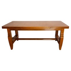 Table à rallonge de salle à manger en merisier et plateau à motifs de diamants en laiton, circa 1960