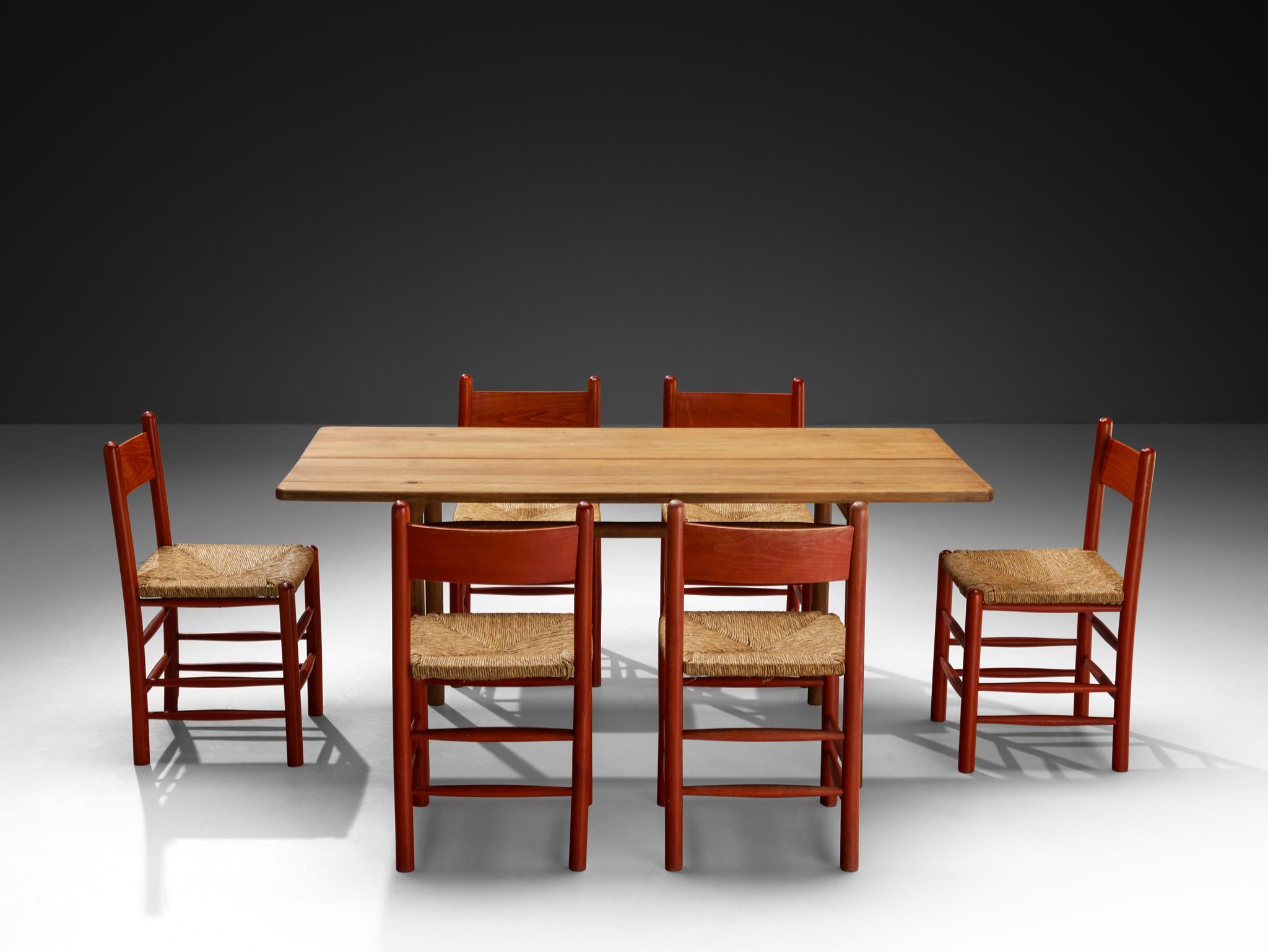 Mid-Century moderno Set da pranzo francese Tavolo e sedie di legno rosso Pierre Gautier-Delaye in vendita