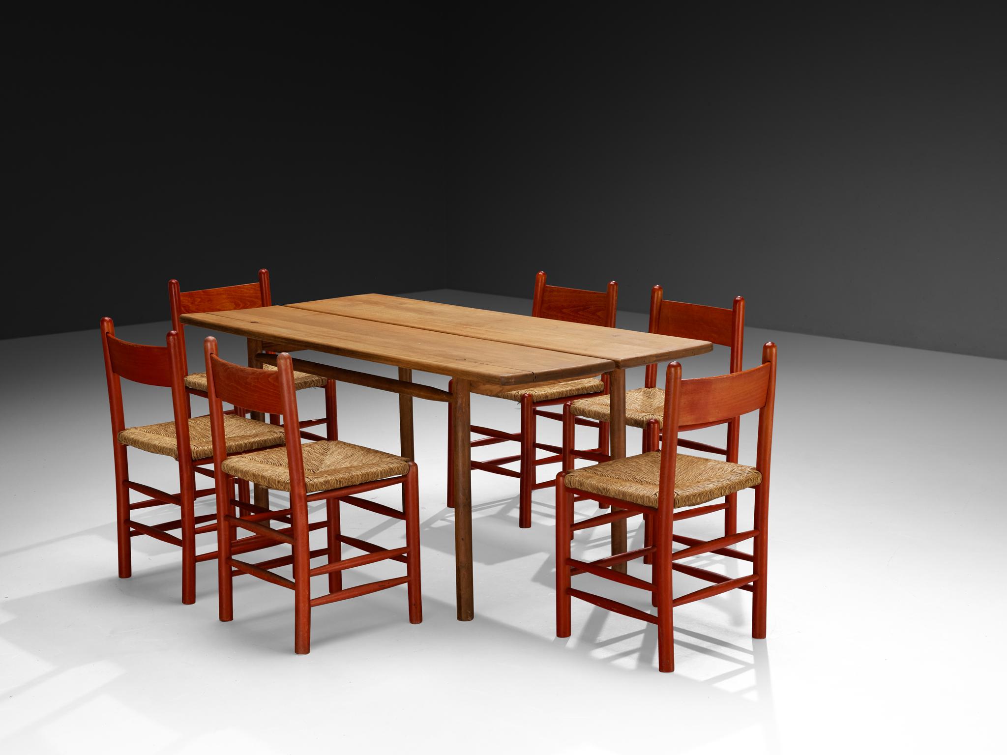 Set da pranzo francese Tavolo e sedie di legno rosso Pierre Gautier-Delaye In condizioni buone in vendita a Waalwijk, NL