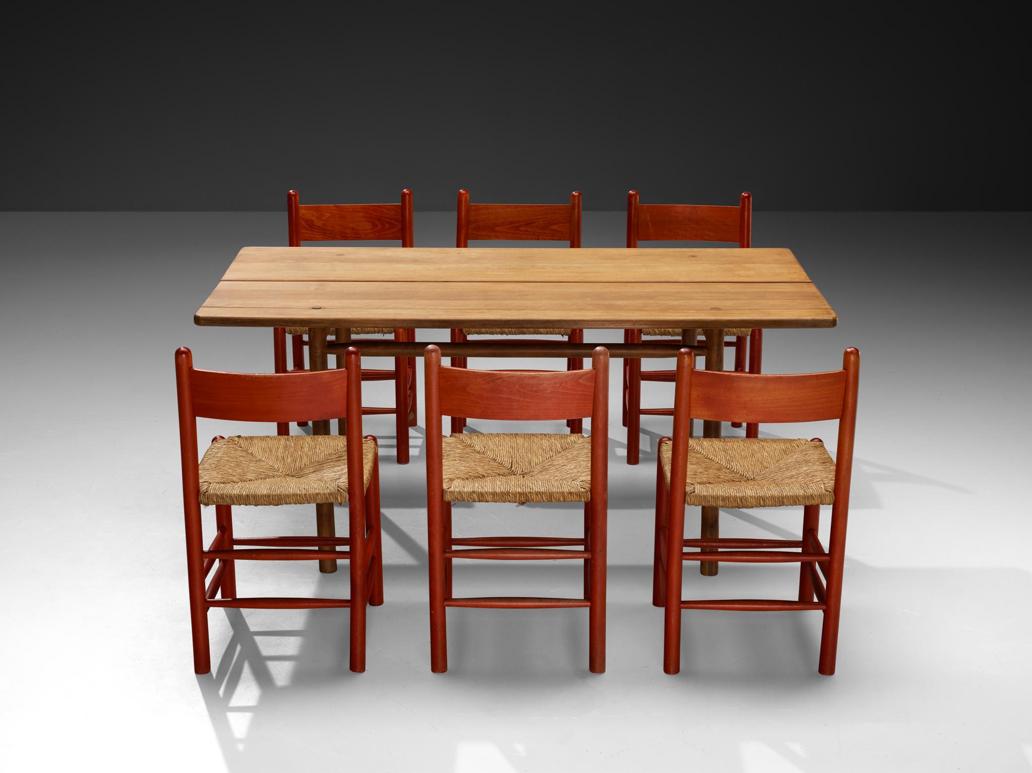 Metà XX secolo Set da pranzo francese Tavolo e sedie di legno rosso Pierre Gautier-Delaye in vendita