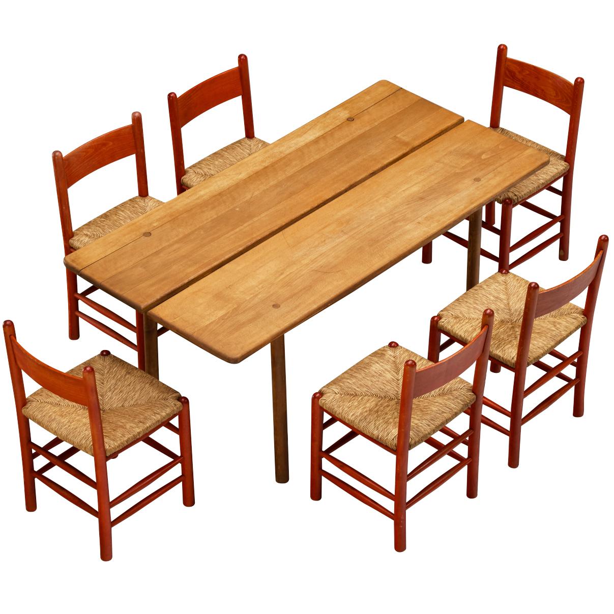 Set da pranzo francese Tavolo e sedie di legno rosso Pierre Gautier-Delaye in vendita