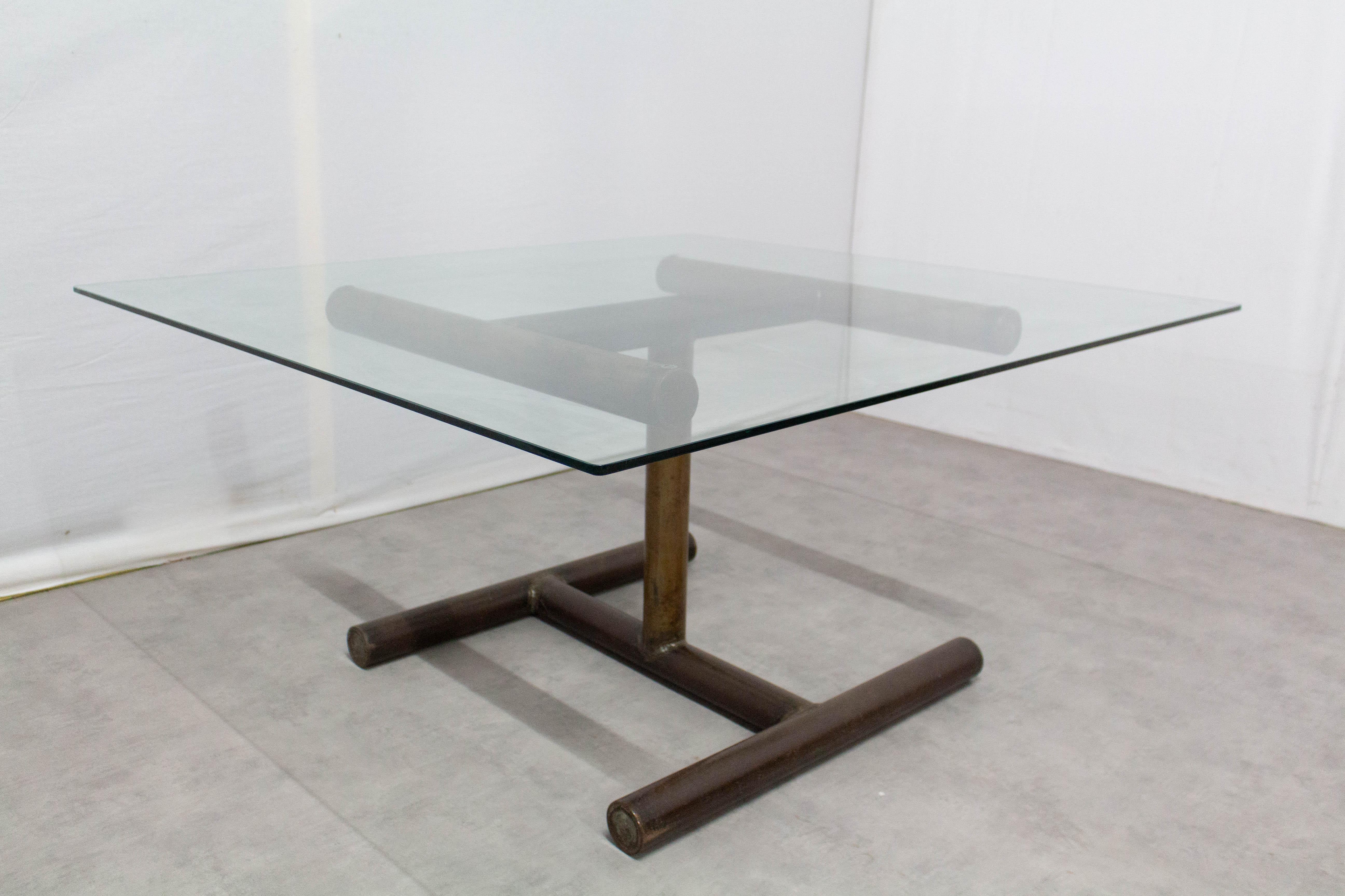Industrial French Dining Table Glass and Metal Double H Base, circa 1960