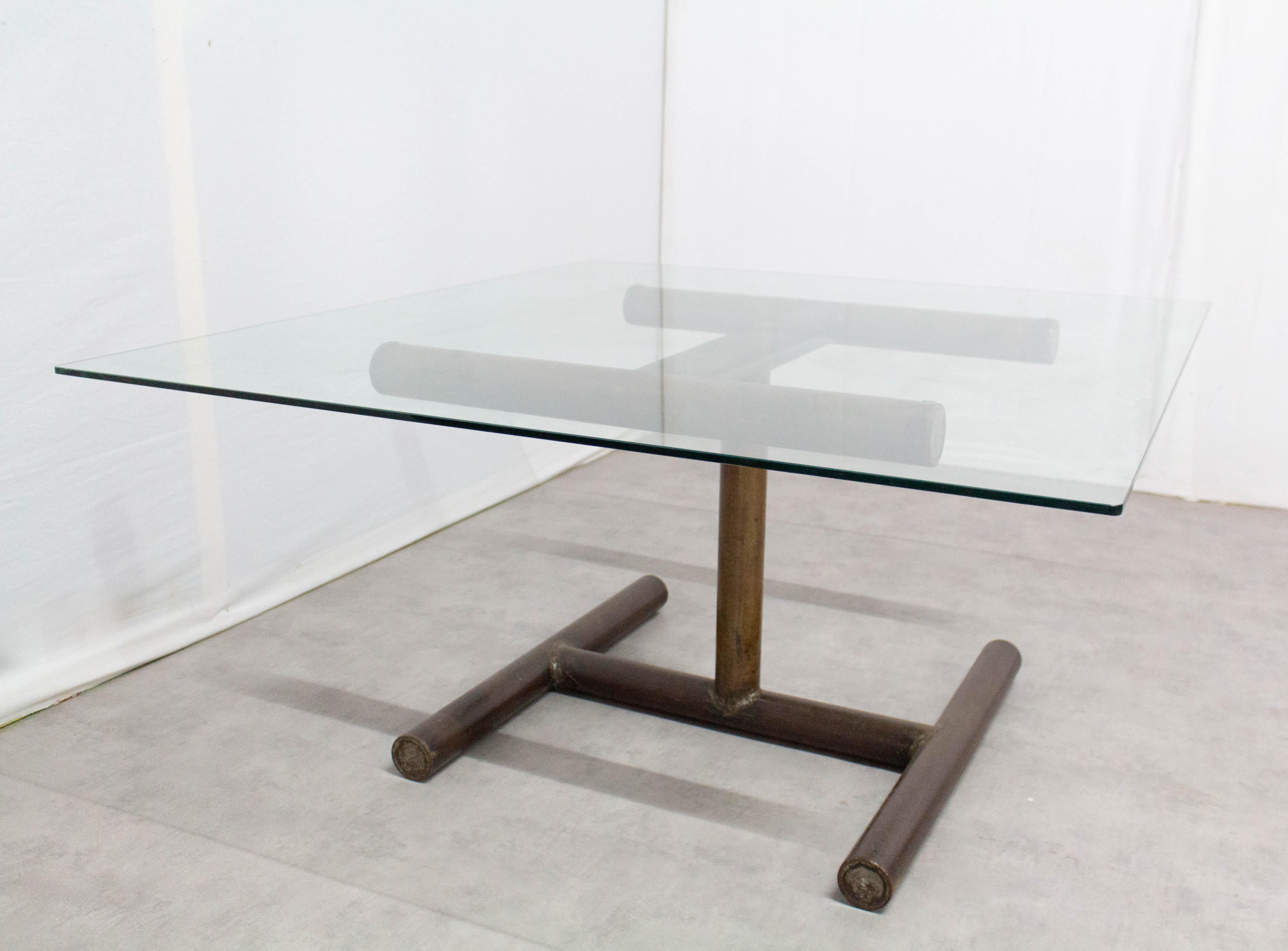 French Dining Table Glass and Metal Double H Base, circa 1960 In Good Condition In Labrit, Landes