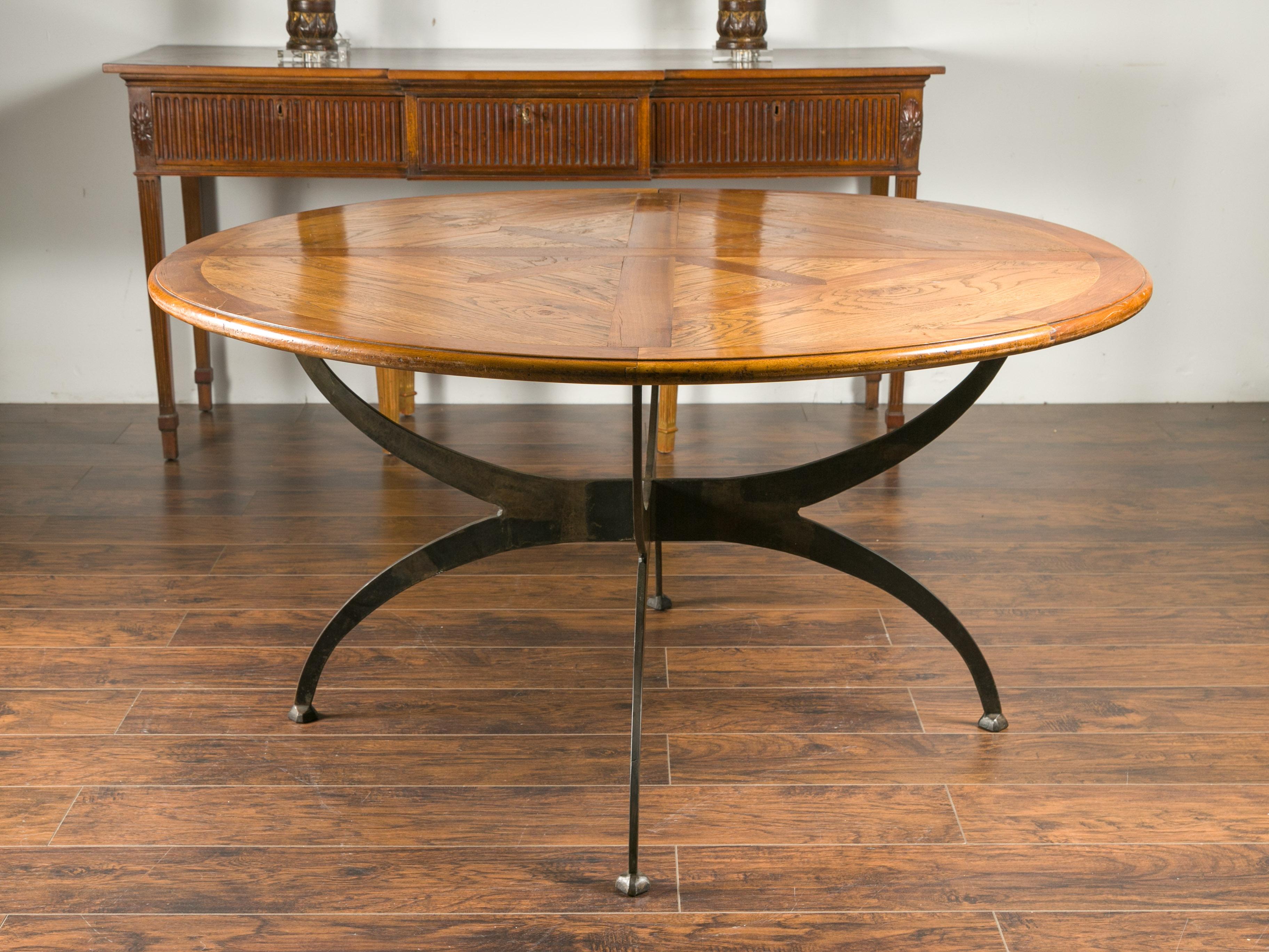 French Dining Table with Round Parquetry Top circa 1900 and New Custom Iron Base In Good Condition For Sale In Atlanta, GA