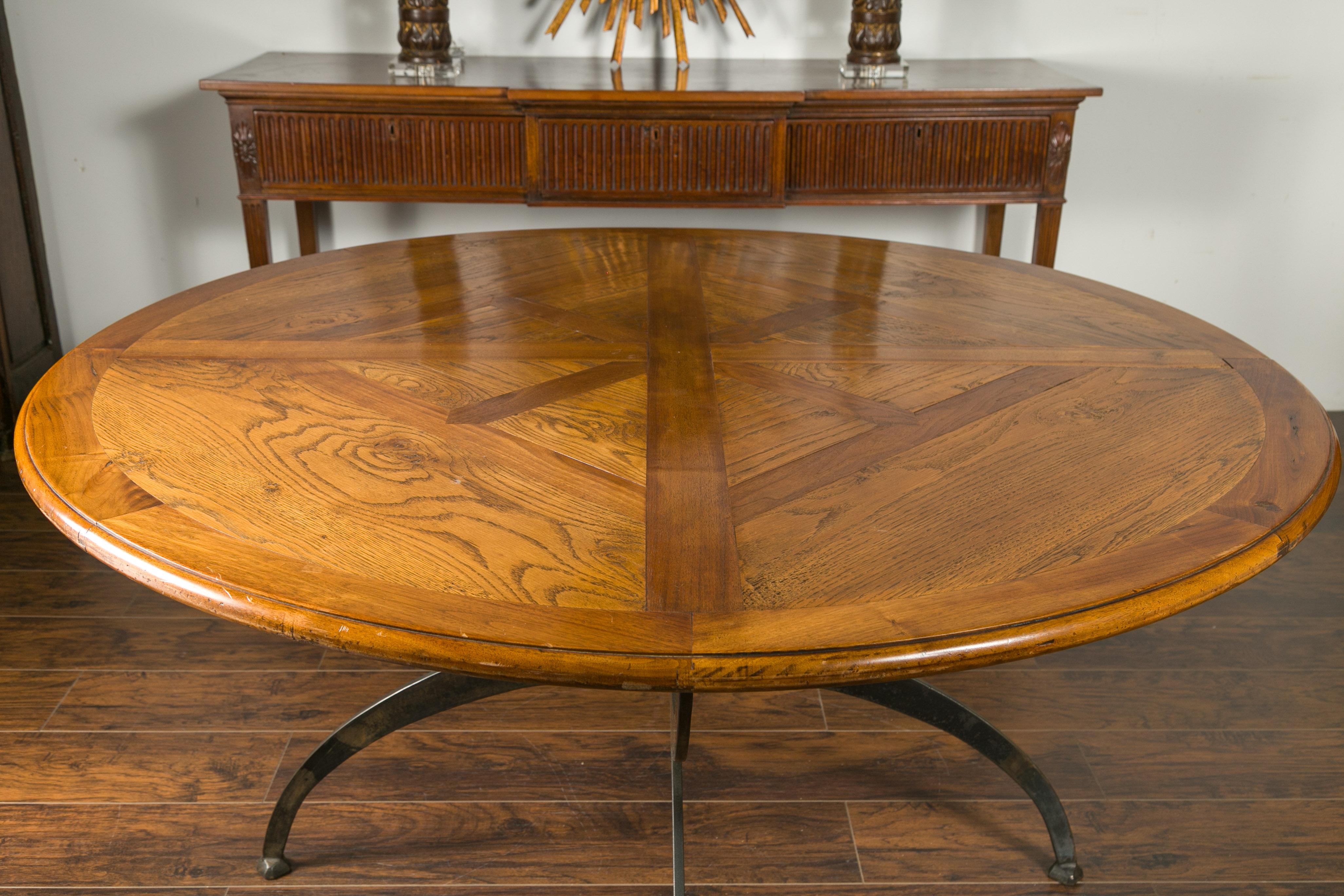 Contemporary French Dining Table with Round Parquetry Top circa 1900 and New Custom Iron Base For Sale