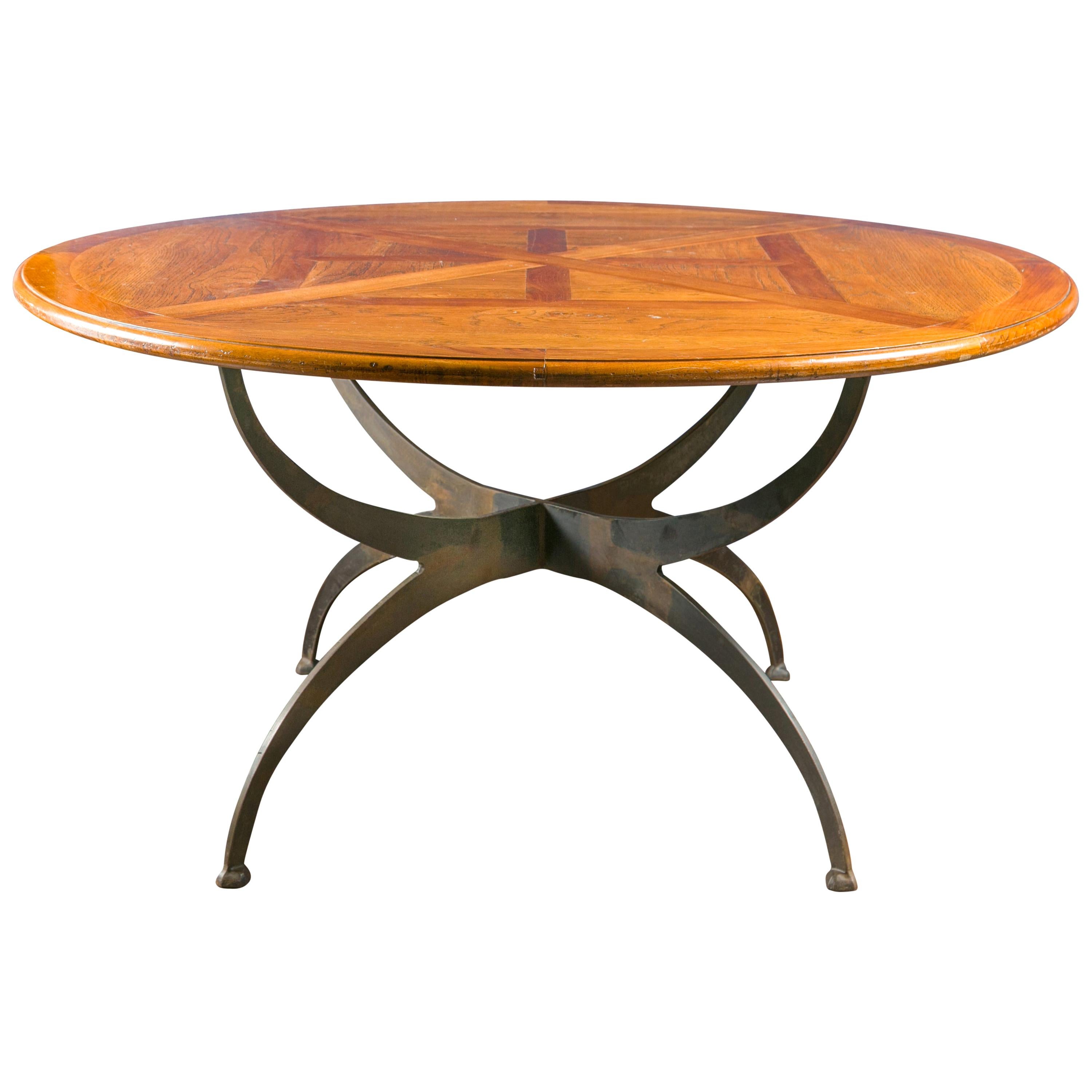 French Dining Table with Round Parquetry Top circa 1900 and New Custom Iron Base For Sale