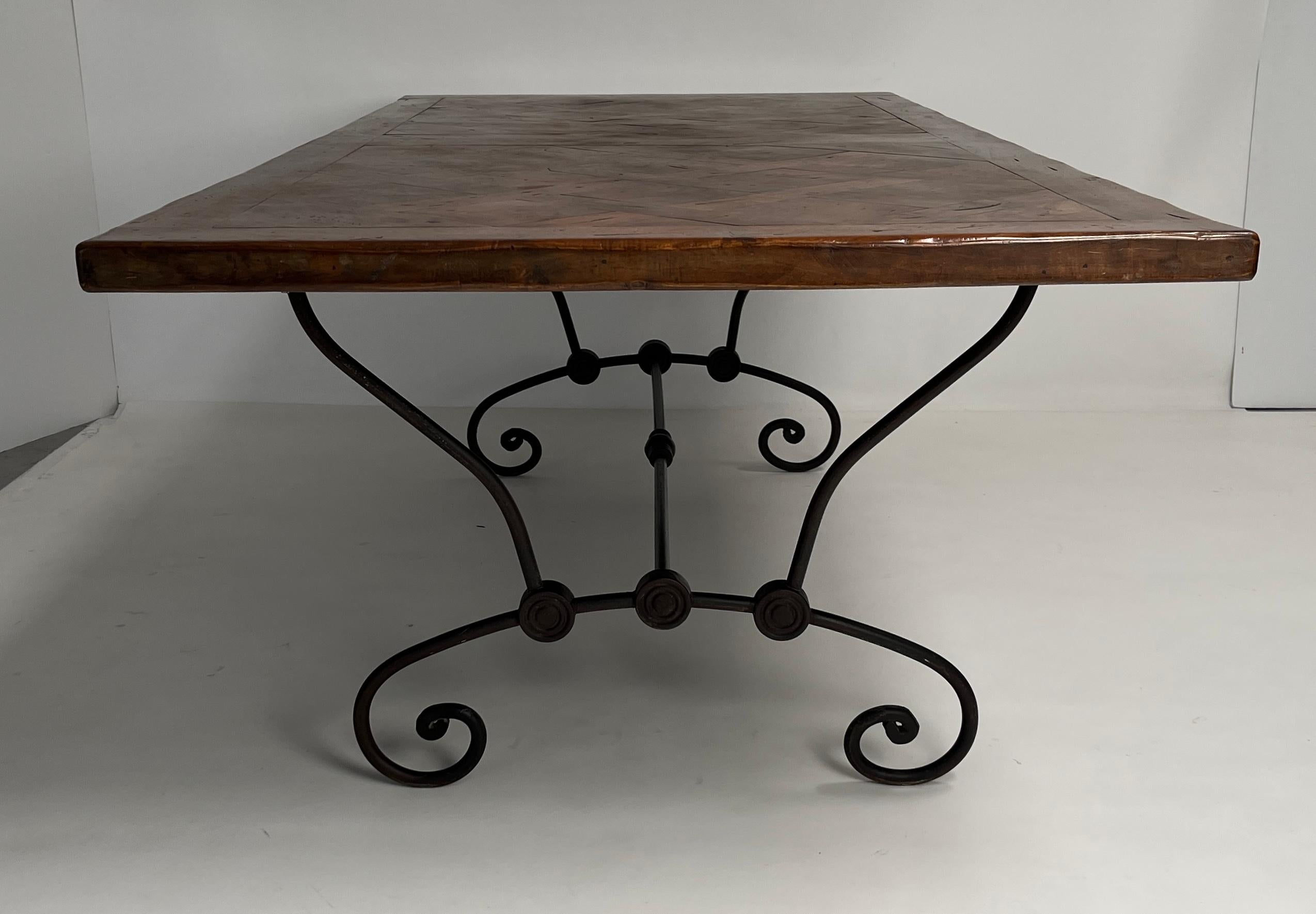 French Provincial French Dining Table with Scrolled Steel Base For Sale