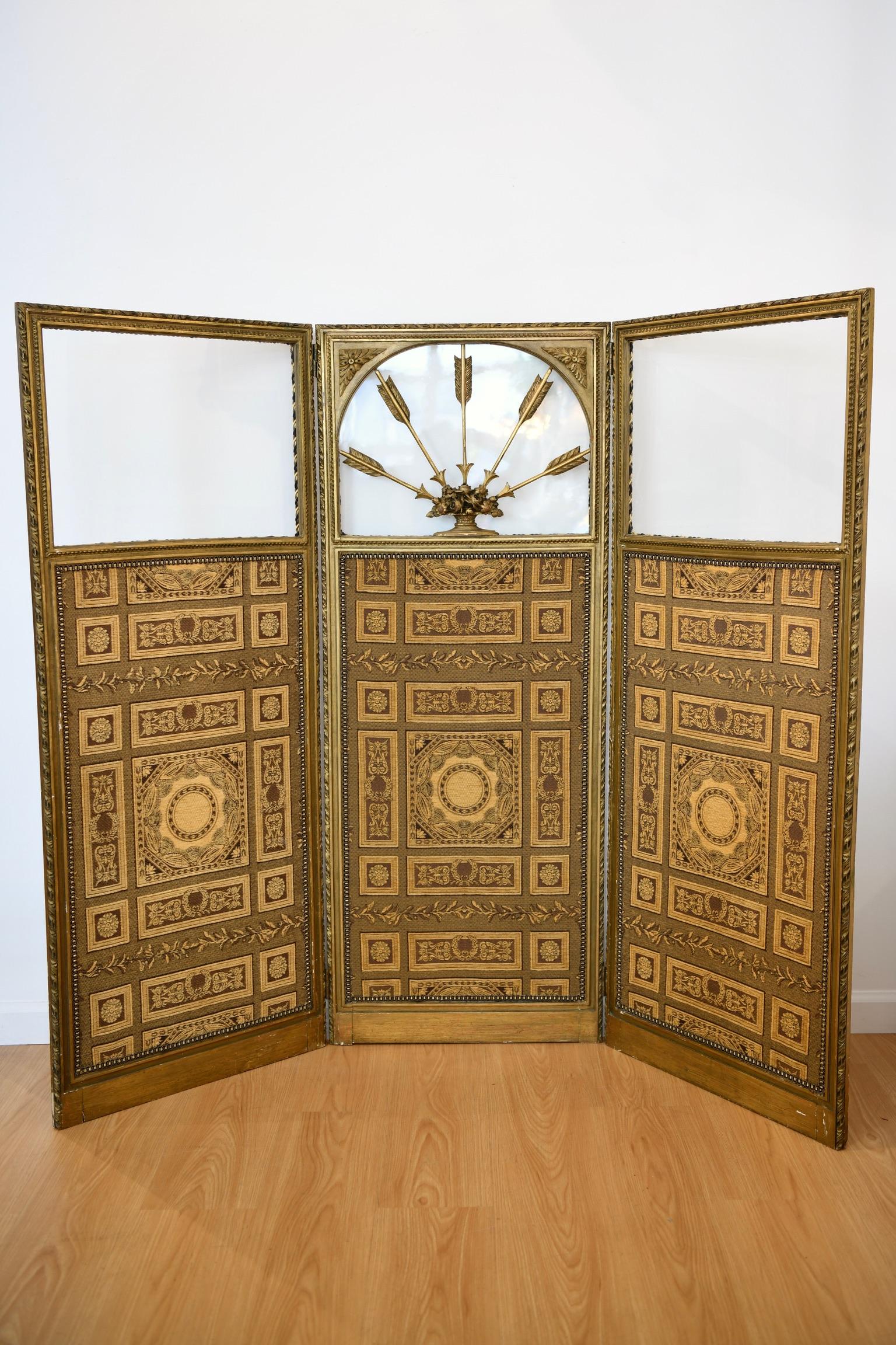 French Directoire folding screen with glass top and fabric panels. Dimensions: 55