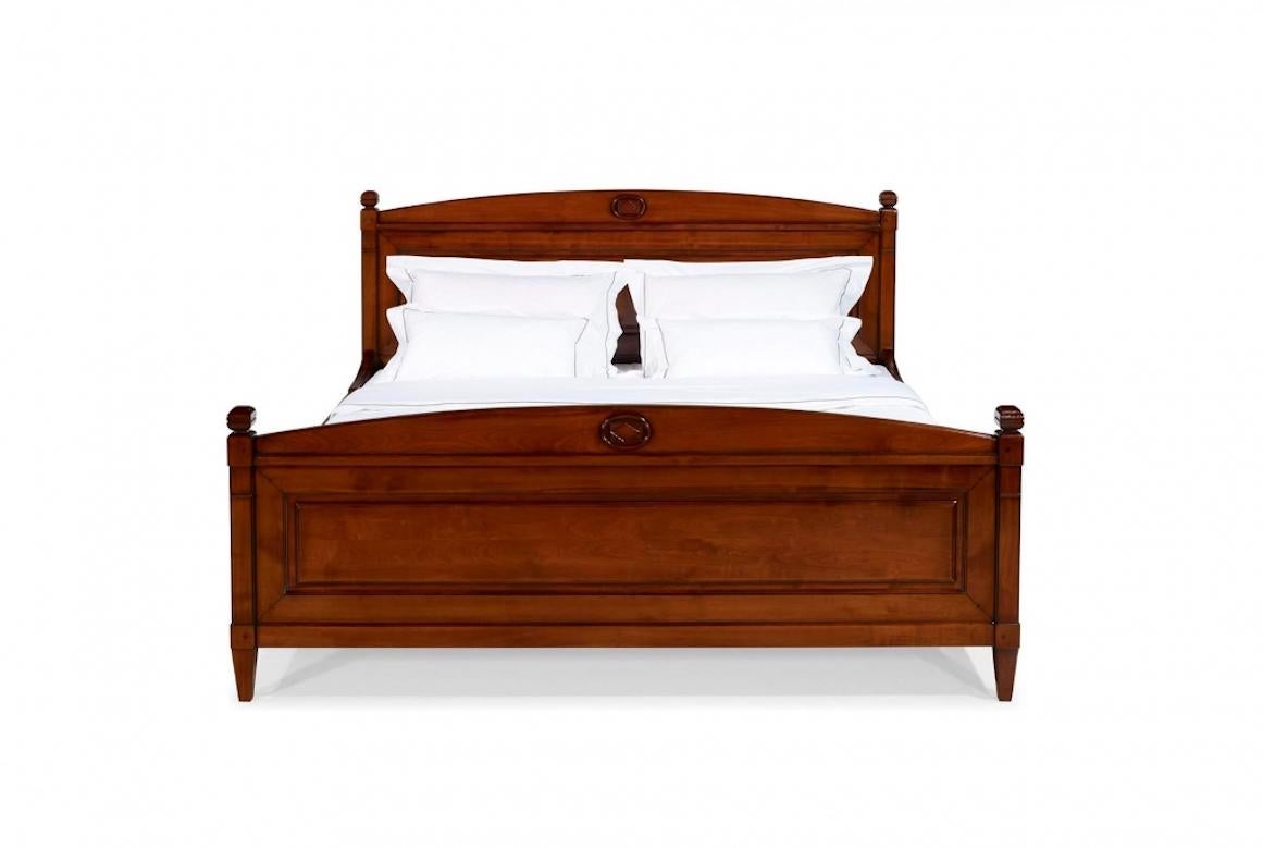 A stunning French Directoire bed frame, 20th century.

Shown in cherrywood with an Avignon finish, this wonderful Directoire bed features exquisite hand carved details throughout.

Available up to Super King and Emperor bed sizes. Handcrafted in