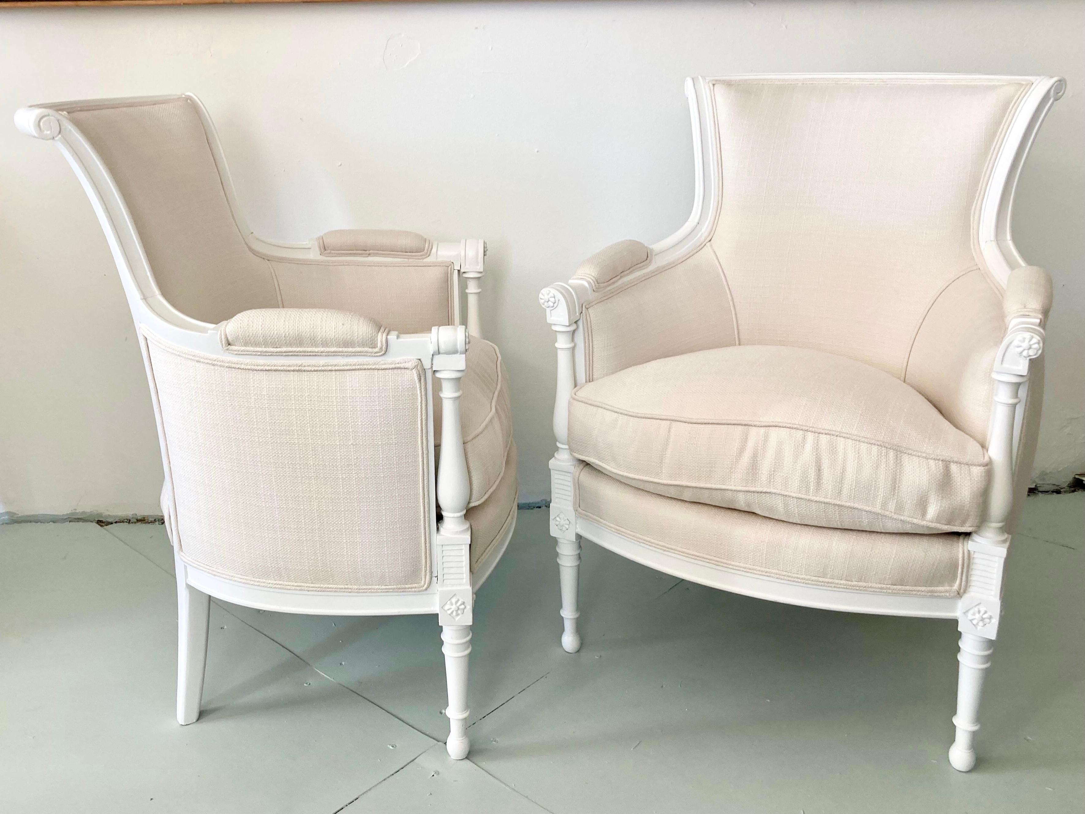 French Provincial French Directoire Bergere Chair Fresh White Lacquered Finish, a Pair For Sale
