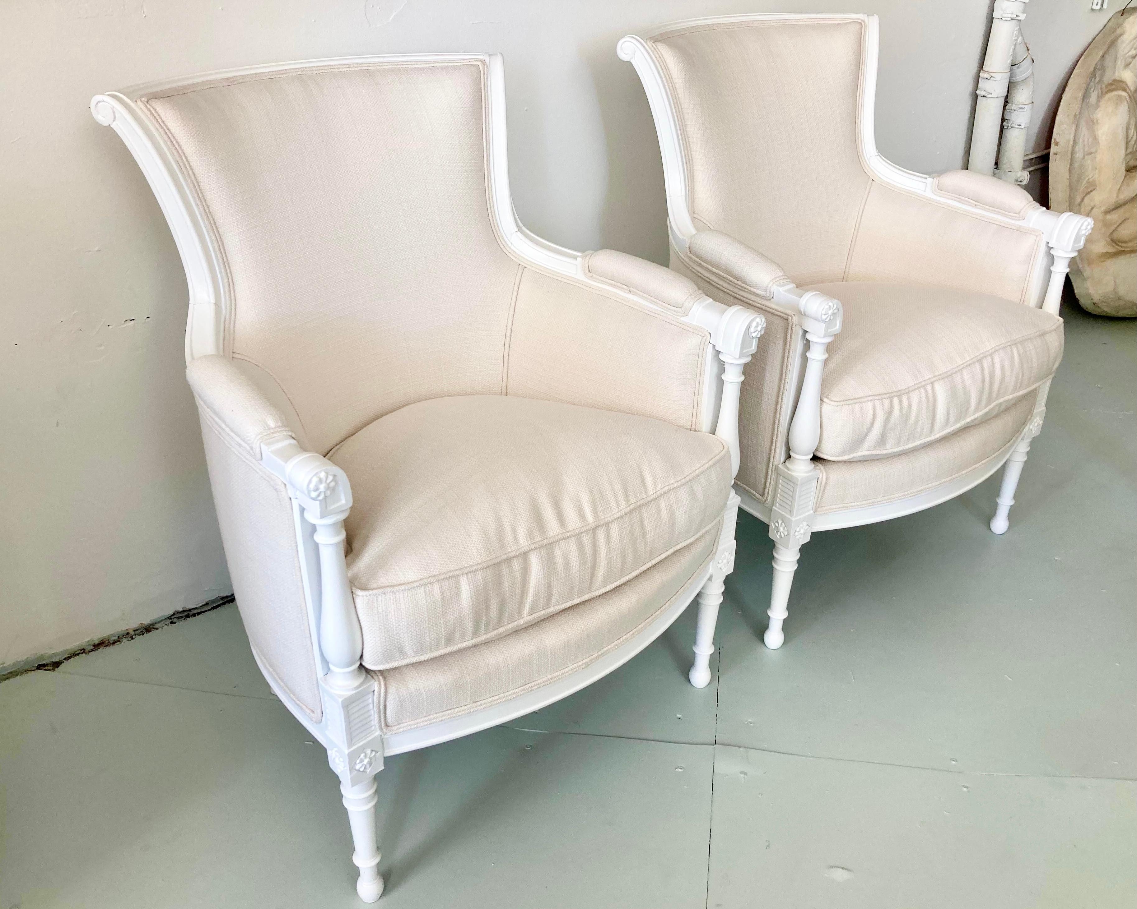 Upholstery French Directoire Bergere Chair Fresh White Lacquered Finish, a Pair For Sale