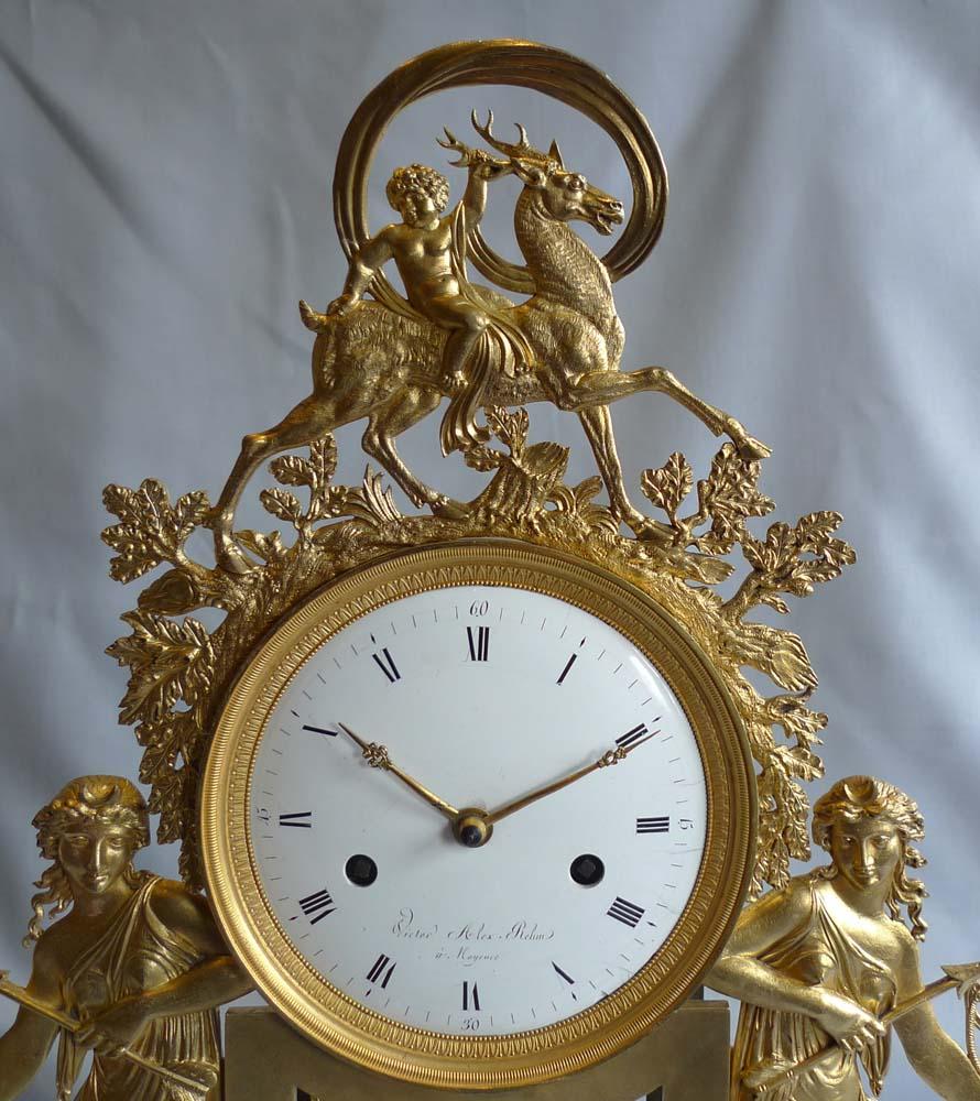 Early 19th Century French Directoire Black Marble and Ormolu Clock Diana the Huntress