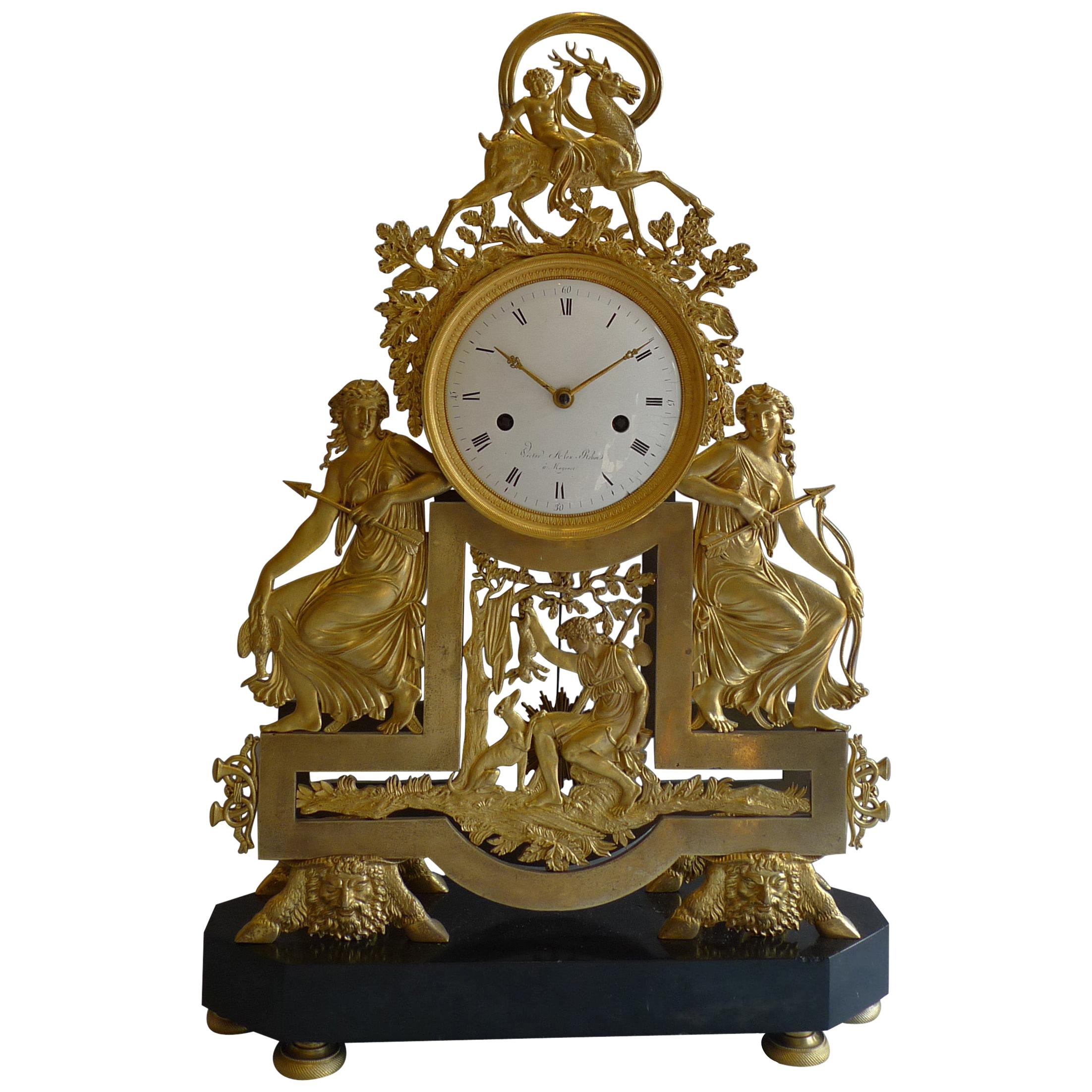 French Directoire Black Marble and Ormolu Clock Diana the Huntress