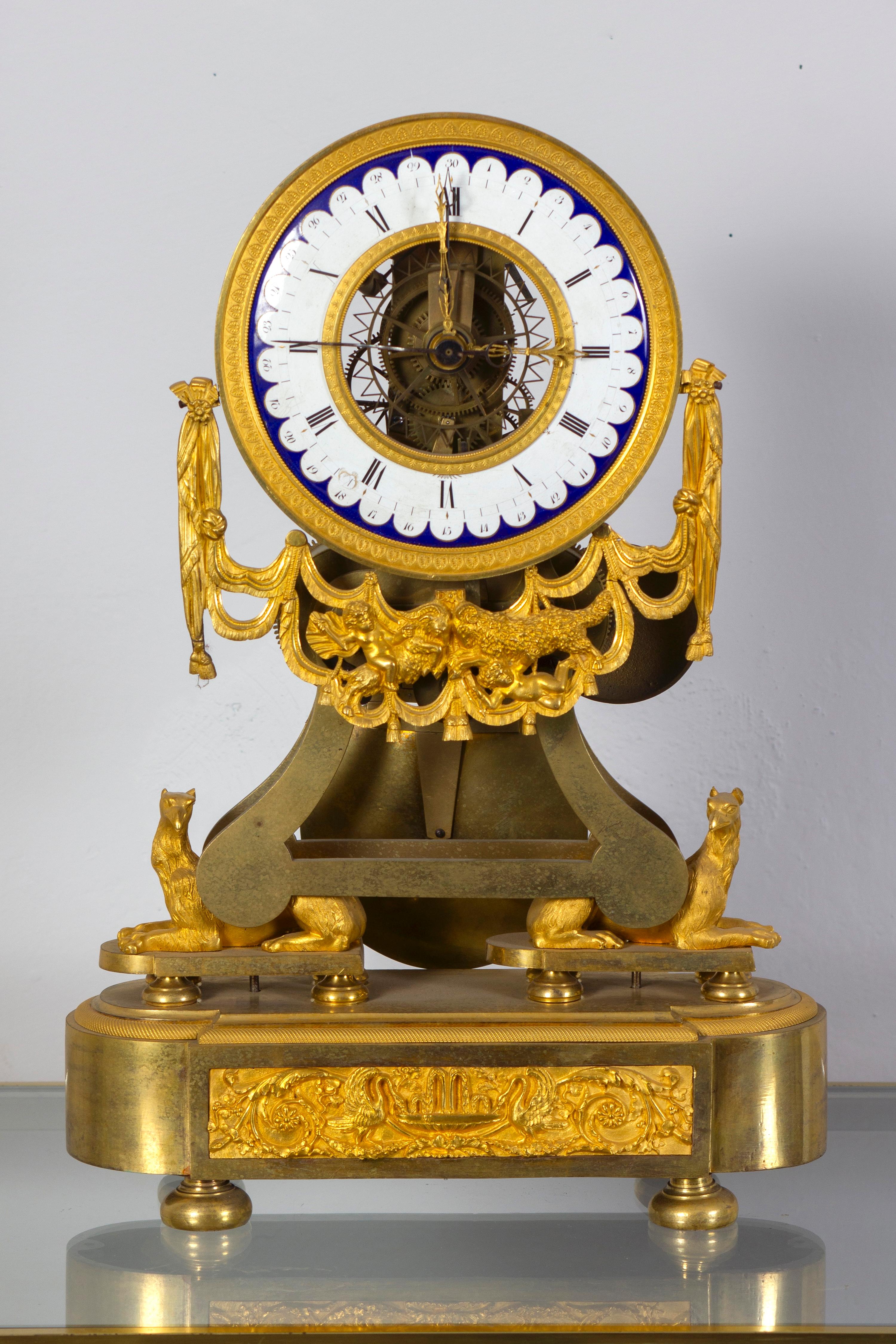 Empire French Directoire Bronze Skeleton Clock For Sale