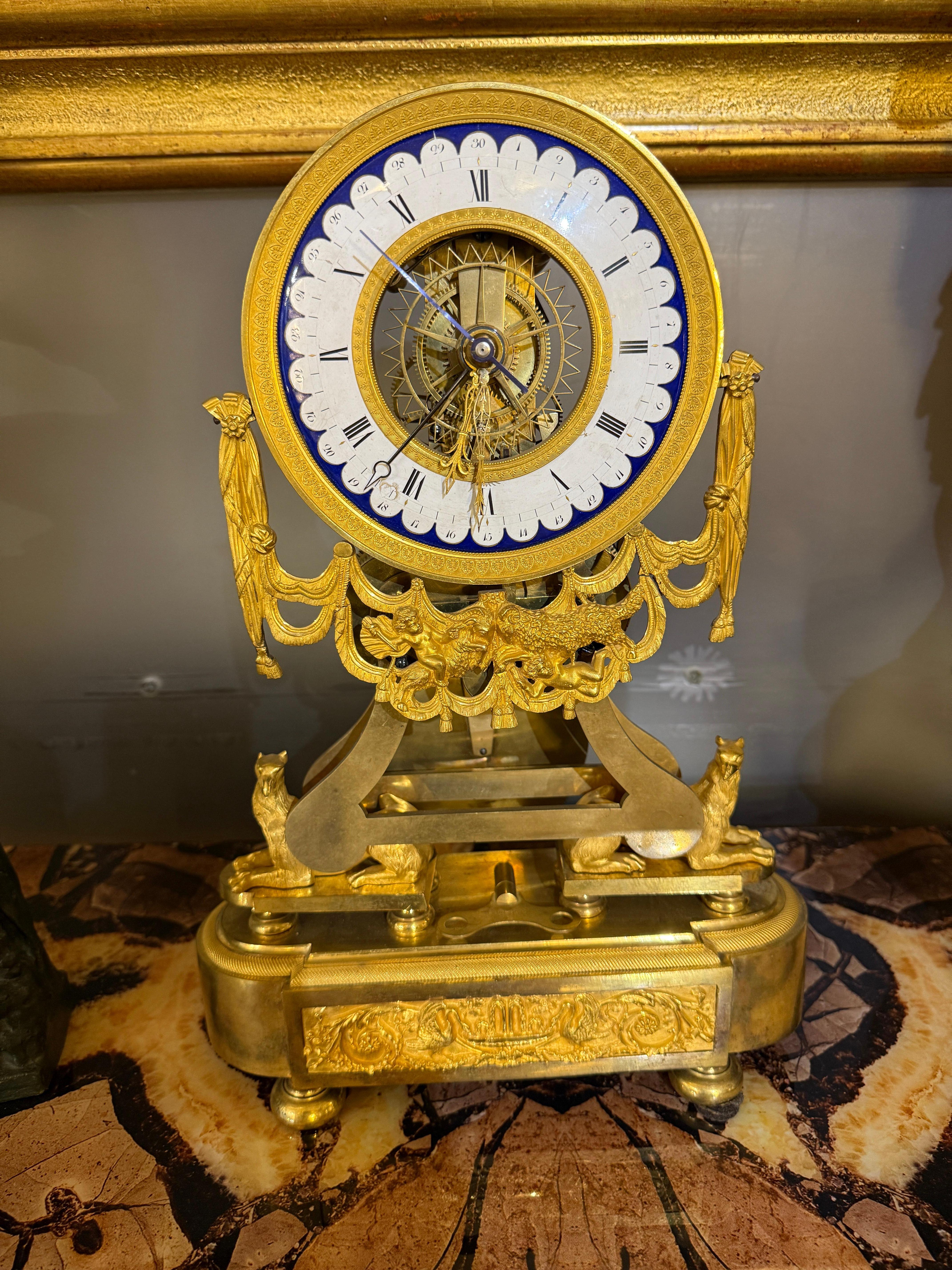French Directoire Bronze Skeleton Clock For Sale 1