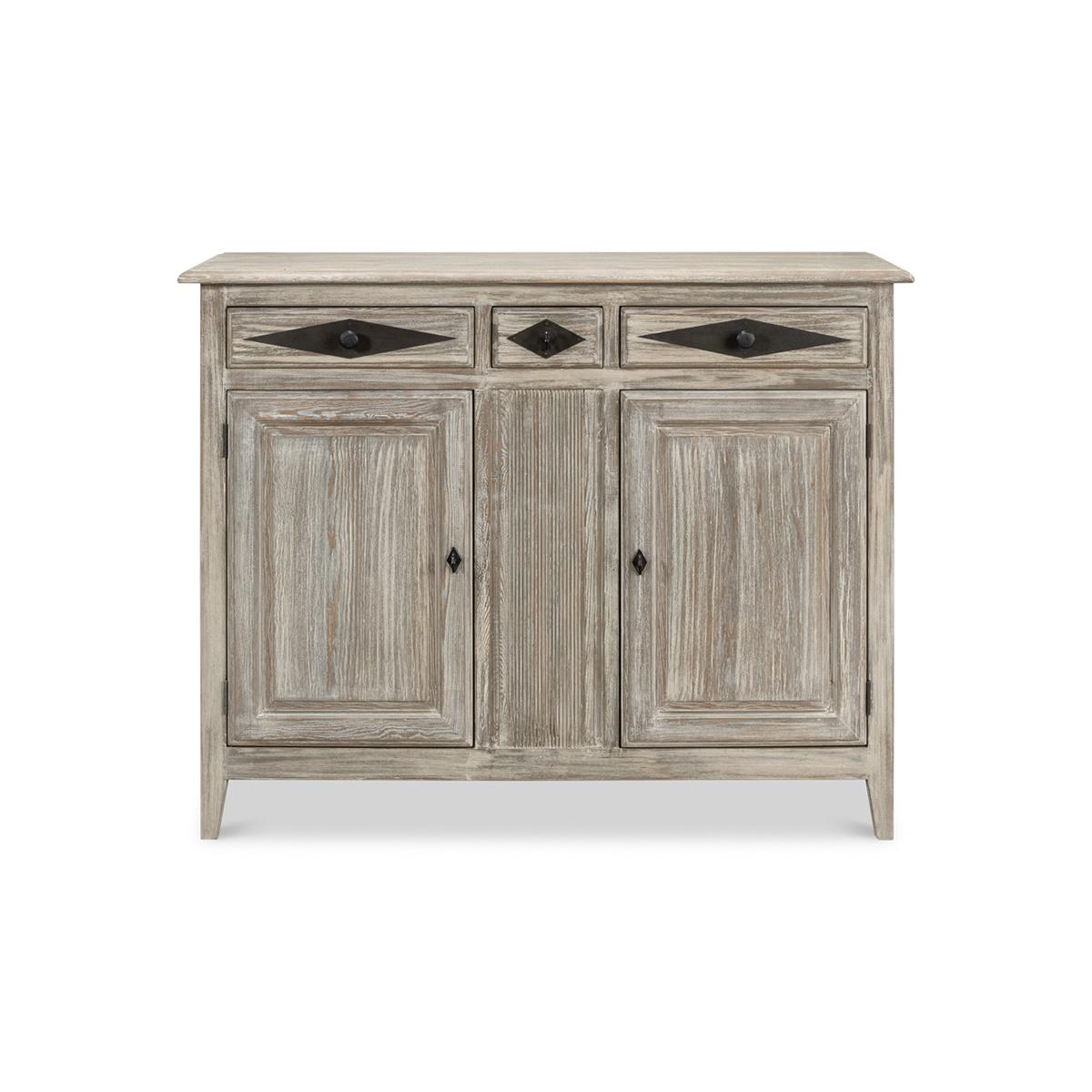 French Directoire Buffet, with custom-designed hand-wrought iron face plates and pulls both accent and accentuate the perfectly sized Buffet. Constructed of pine with two wood doors and three drawers in our Moonskin finish, the buffet sideboard