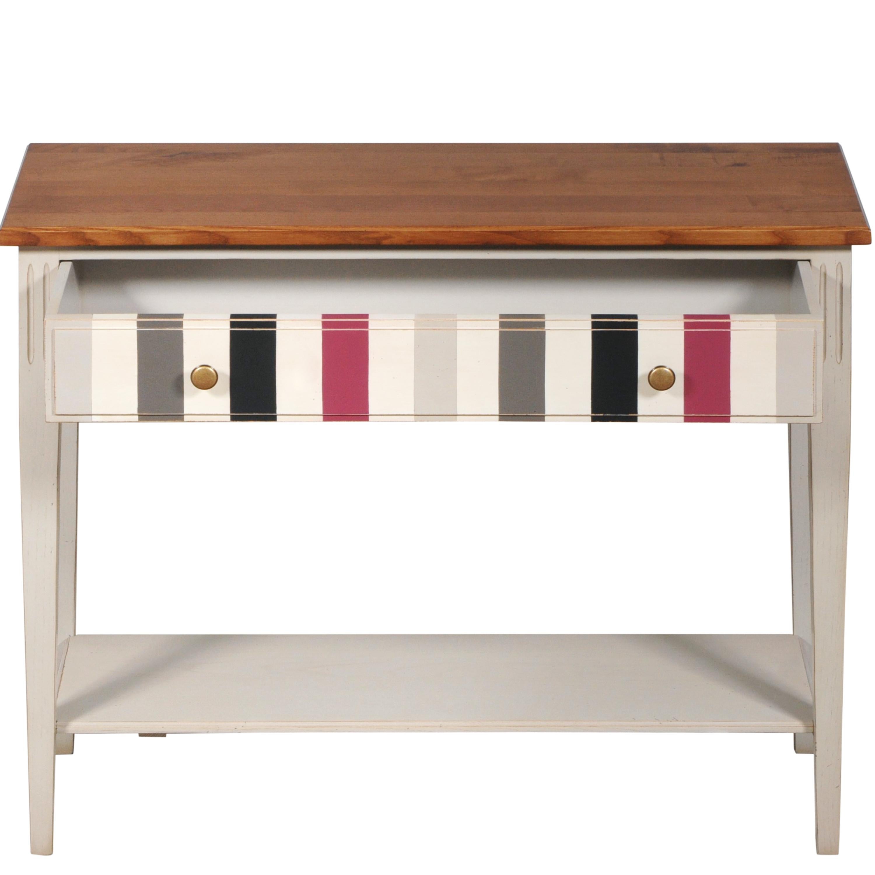 Neoclassical French Directoire Console, Lacquered Grey Legs, Colorful Drawer, Stained Top For Sale