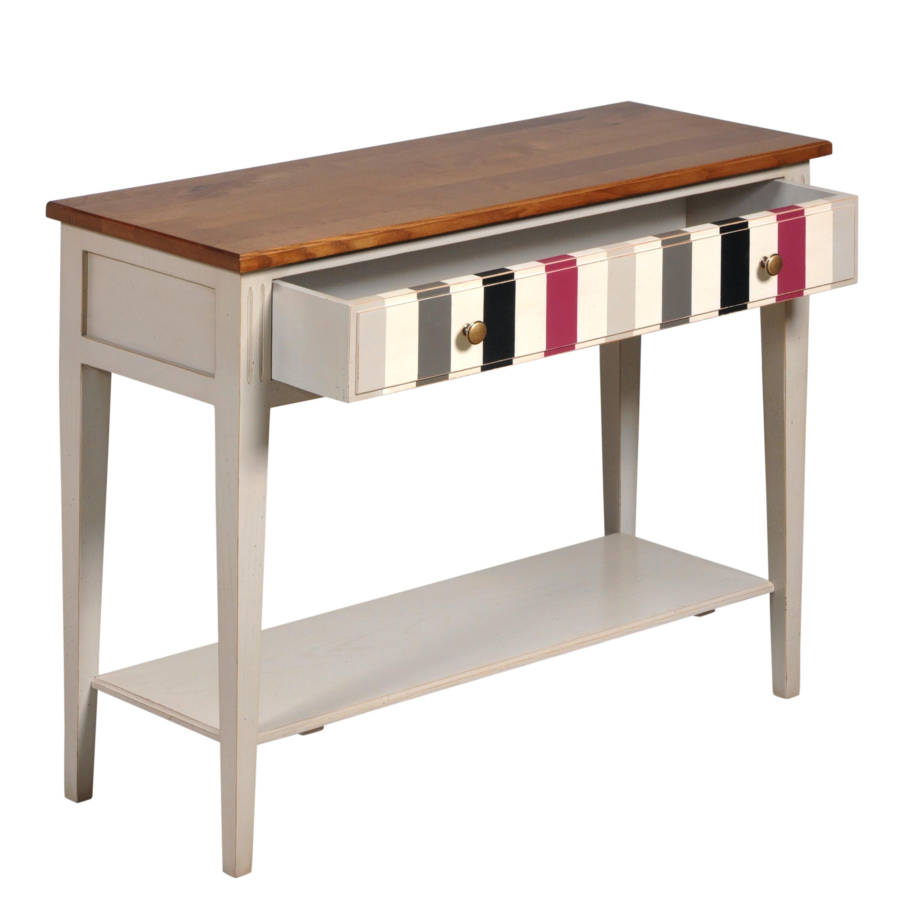 Hand-Crafted French Directoire Console, Lacquered Grey Legs, Colorful Drawer, Stained Top For Sale