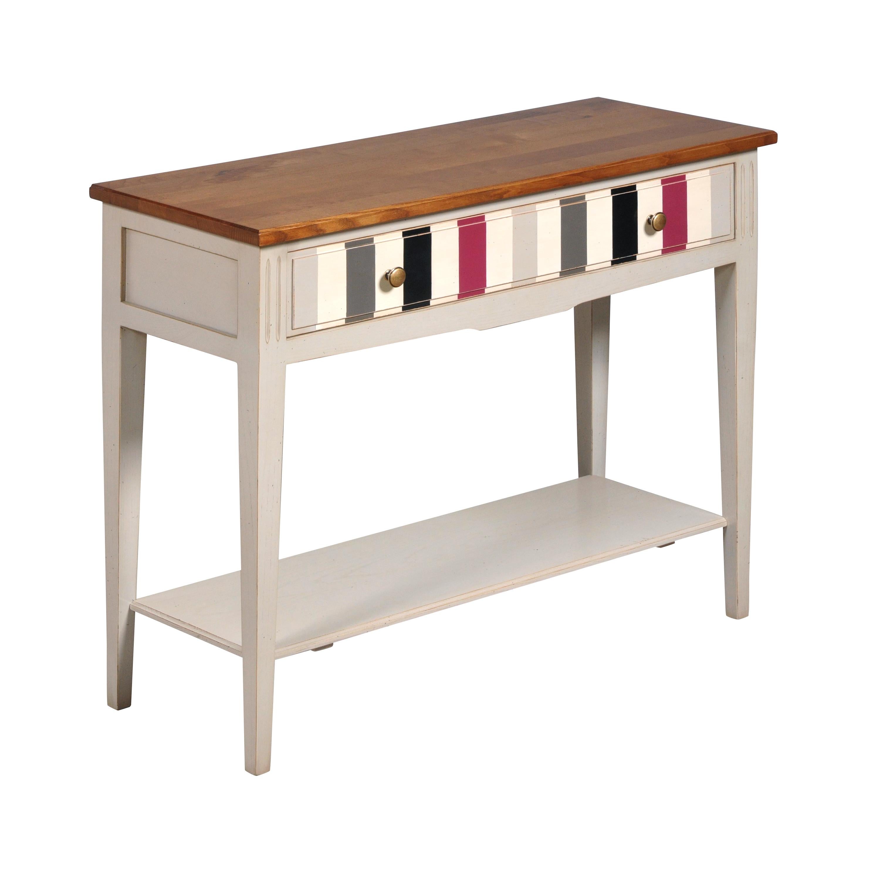 Contemporary French Directoire console in cherry with red grey striped drawer For Sale