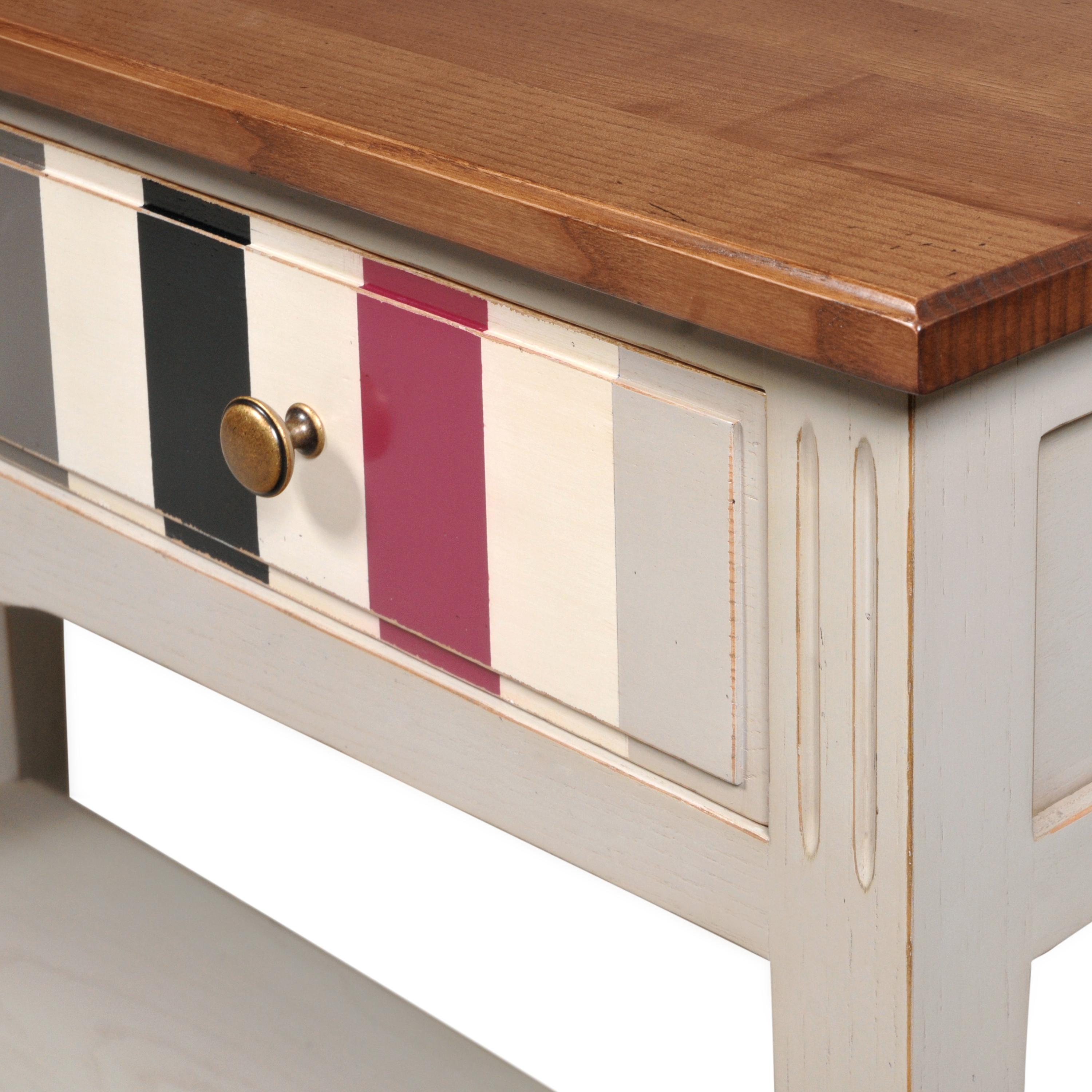 Contemporary French Directoire Console, Lacquered Grey Legs, Colorful Drawer, Stained Top For Sale