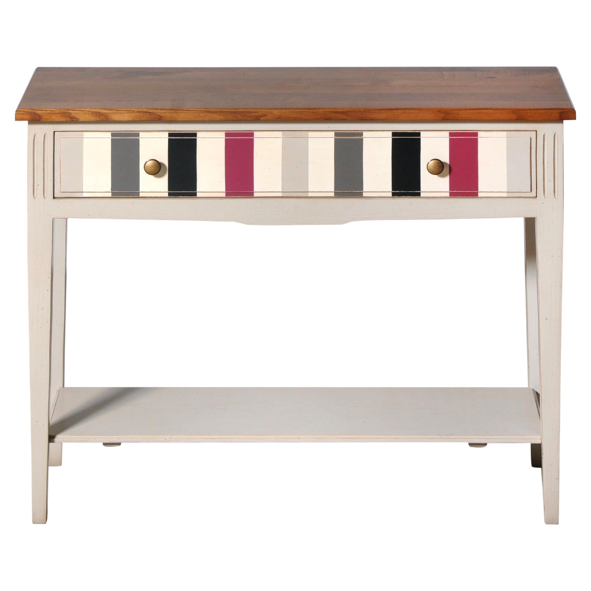 French Directoire Console, Lacquered Grey Legs, Colorful Drawer, Stained Top