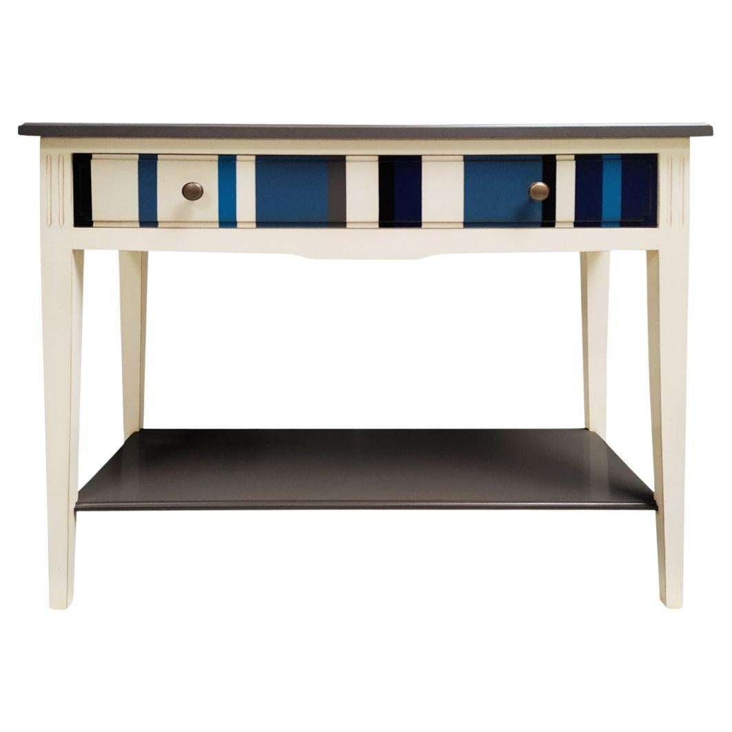 French Directoire Style Console Table in Cherry with blue striped Drawer
